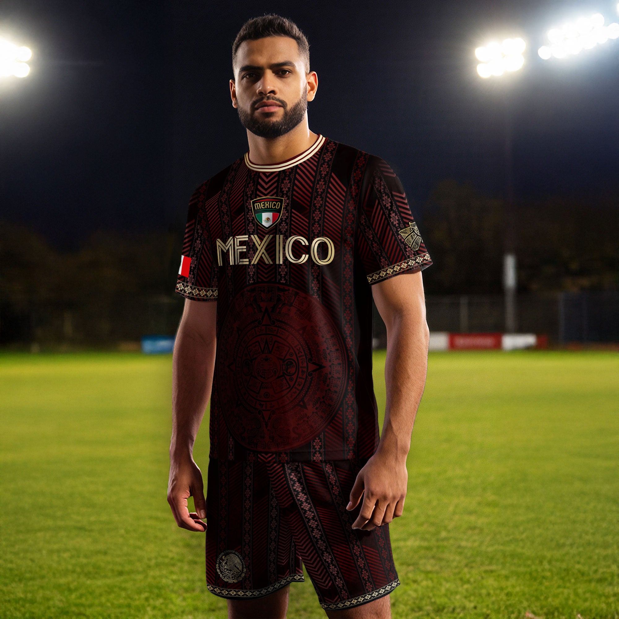 Mexico Burgundy Soccer Jersey with Golden Aztec Calendar and Eagle Crest