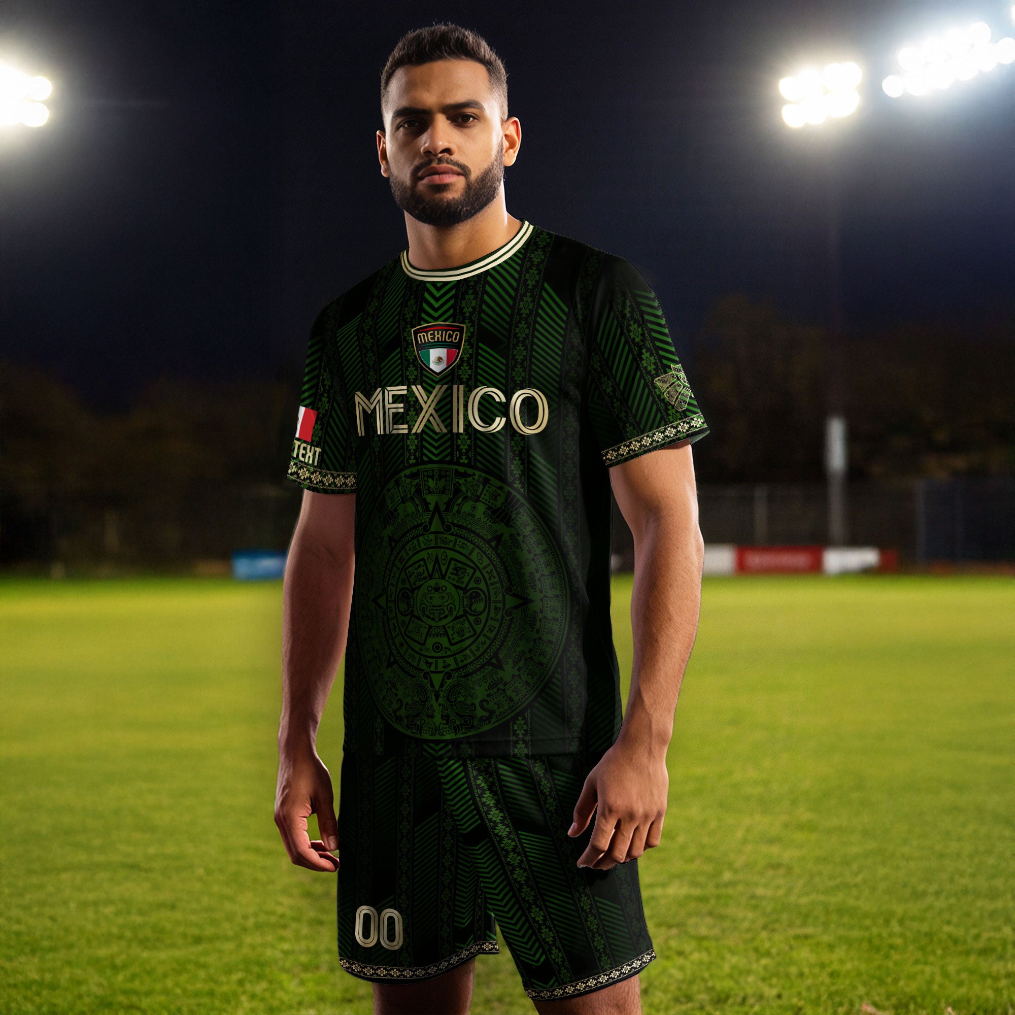 Custom Mexico Green Soccer Jersey with Golden Aztec Calendar Pattern