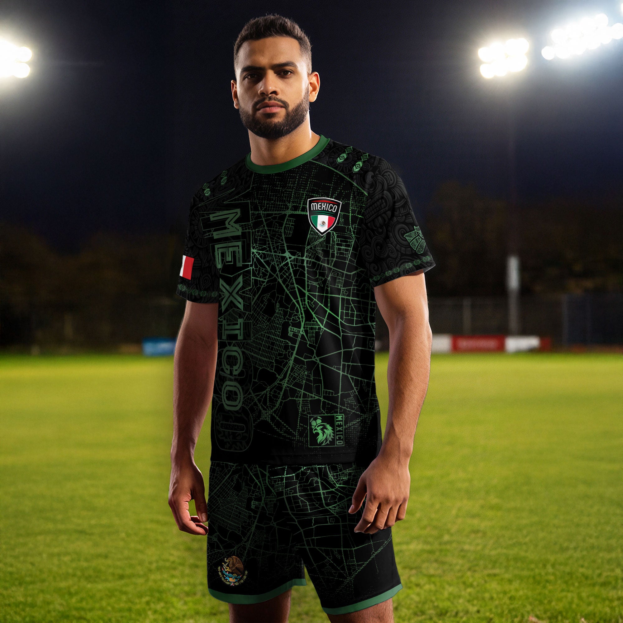 Mexico Soccer Jersey Black Green Map & Eagle Crest Design