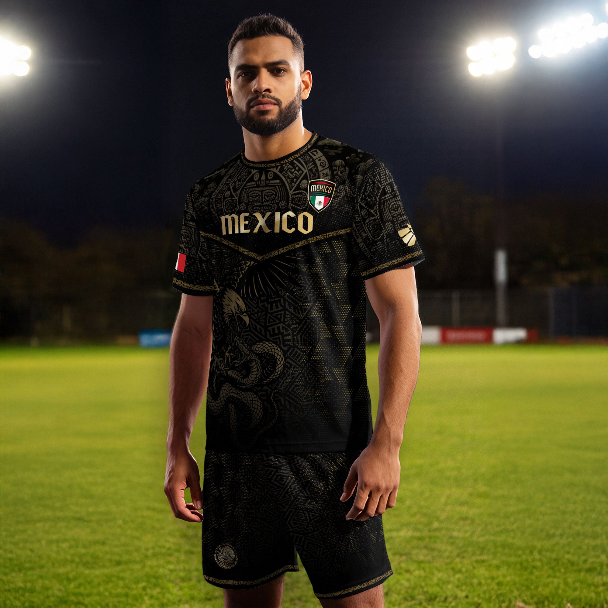 Camiseta de fútbol de México con diseño azteca, águila y serpiente, color negro y dorado.