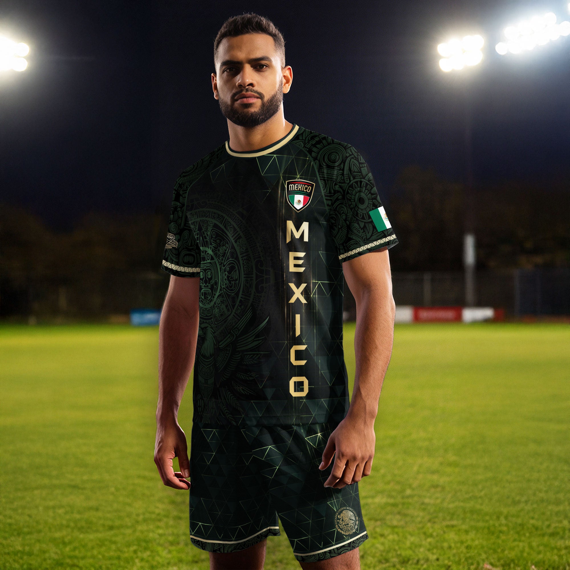 Mexico Soccer Jersey Dark Green Gold Aztec Calendar & Eagle Emblem
