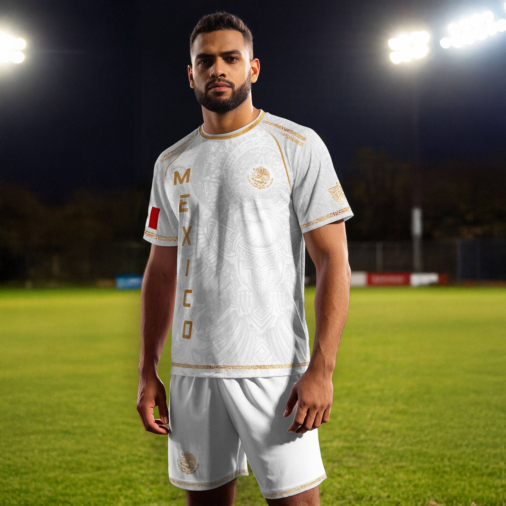 Mexico Soccer Jersey White Gold Aztec Eagle Design