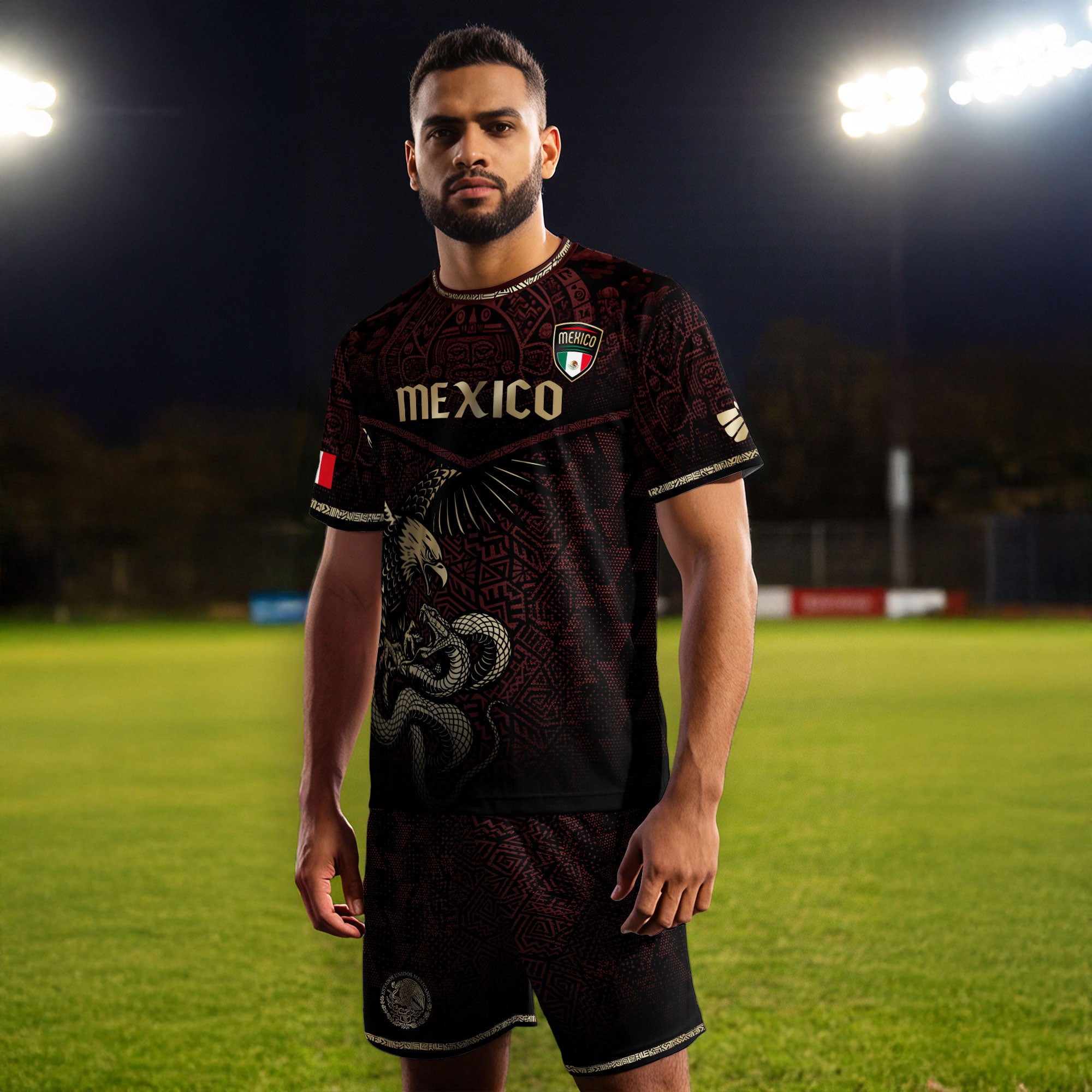 Mexico Soccer Jersey Maroon Gold Aztec Eagle & Serpent Design