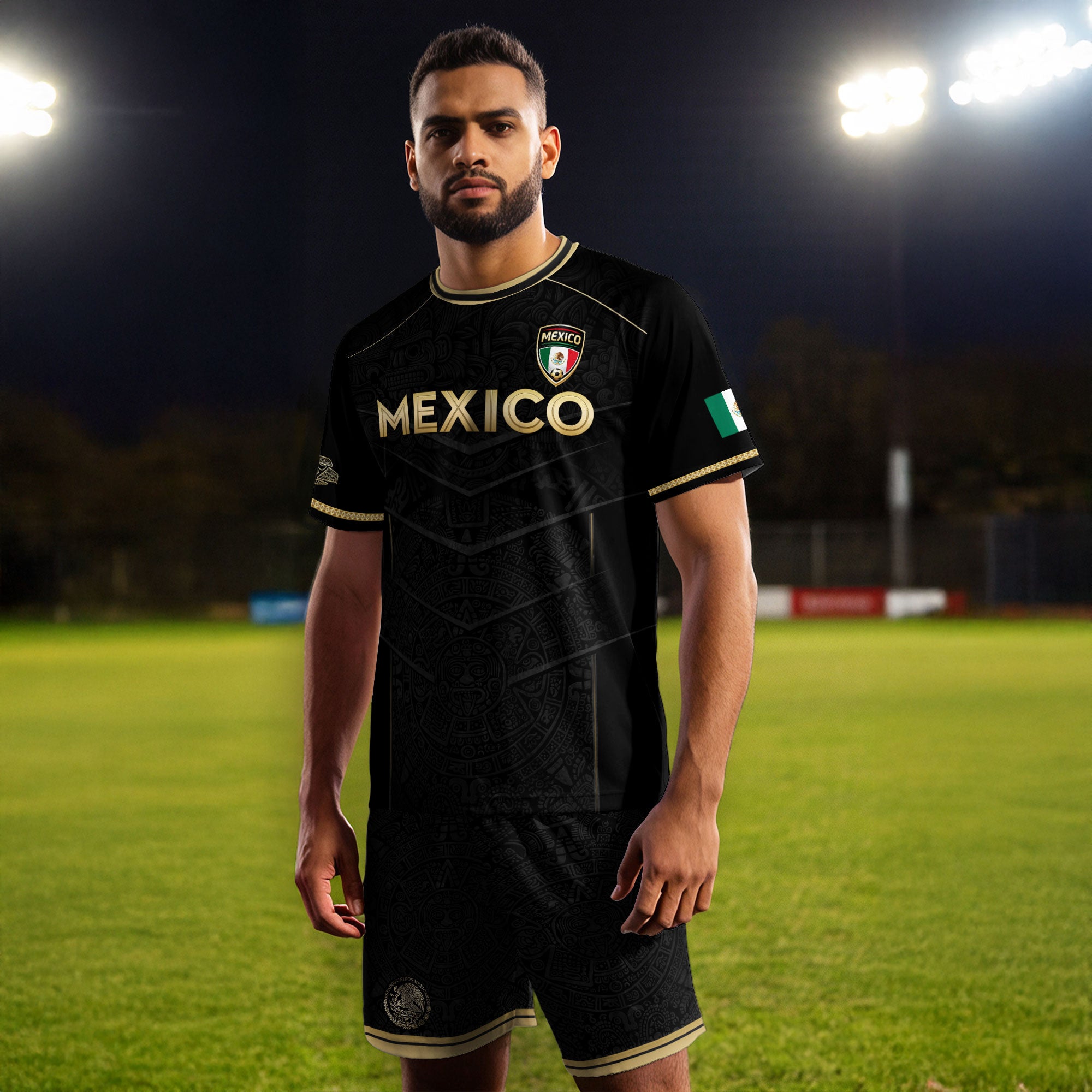 Camiseta de fútbol premium con emblema de águila azteca verde y dorado de México