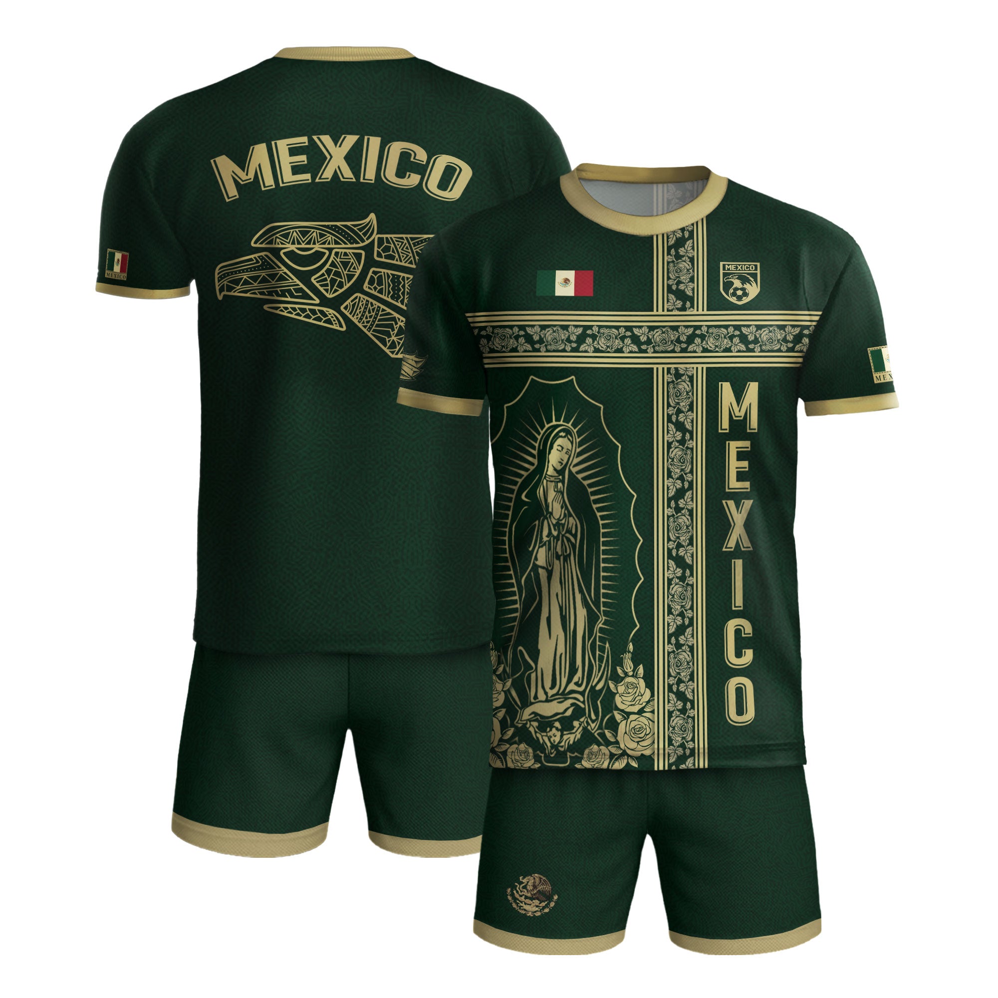 Mexico Soccer Jersey Green Gold Guadalupe Cross Design