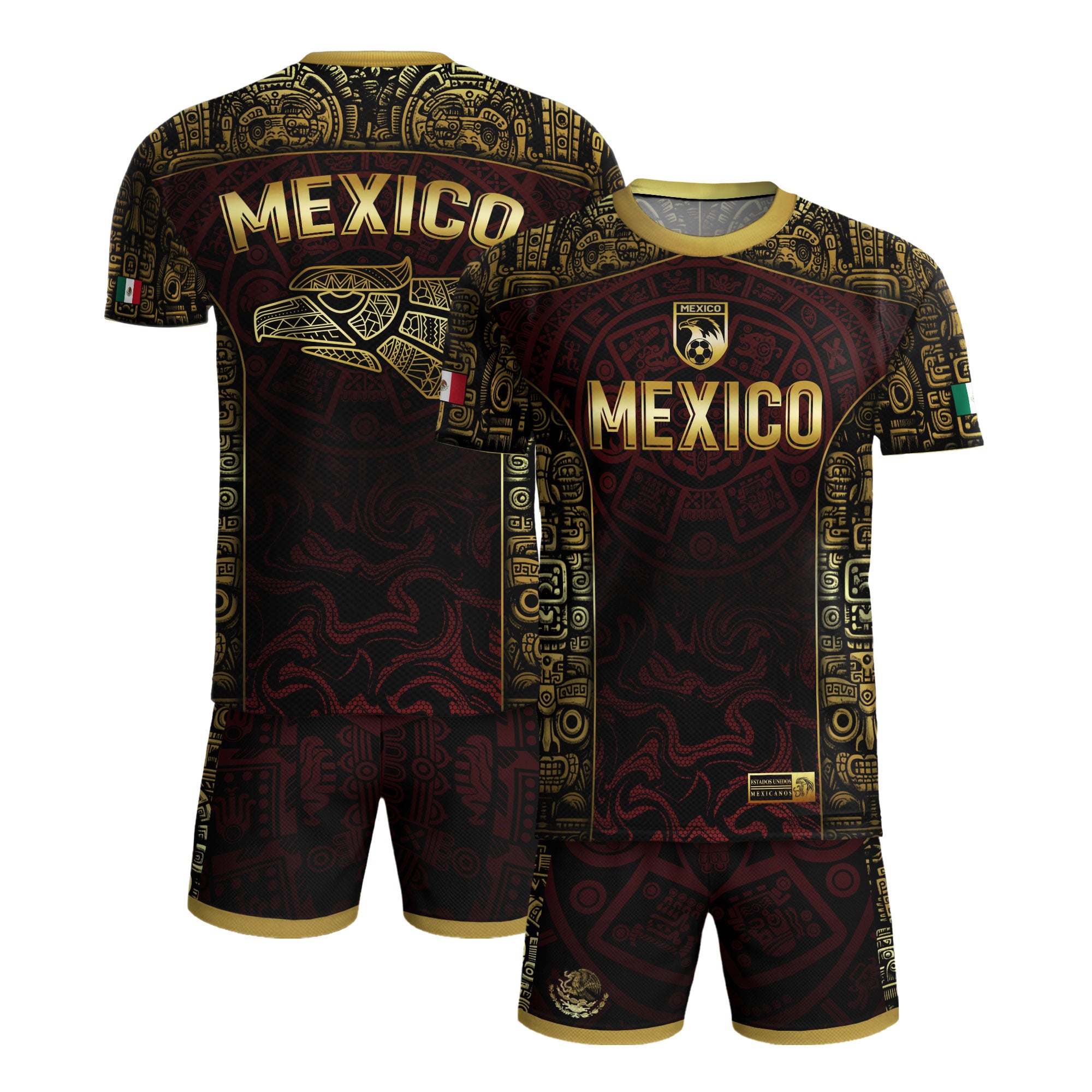 Mexico Soccer Jersey Black Red Gold Aztec Calendar Design