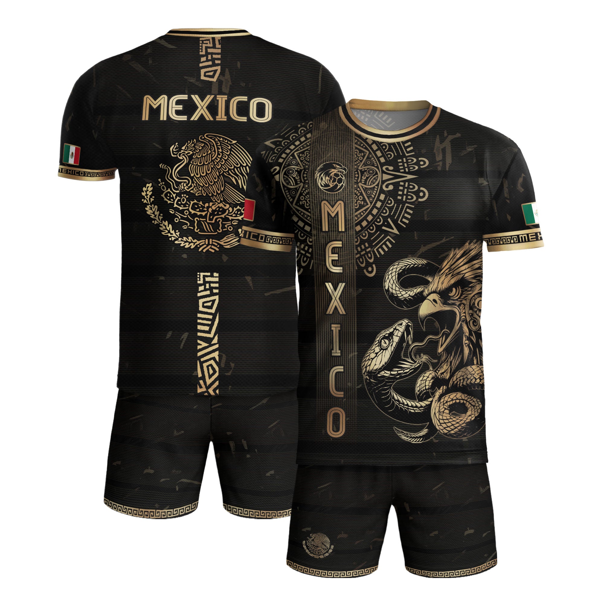 Mexico Soccer Jersey Black Gold Eagle Serpent Aztec Pattern