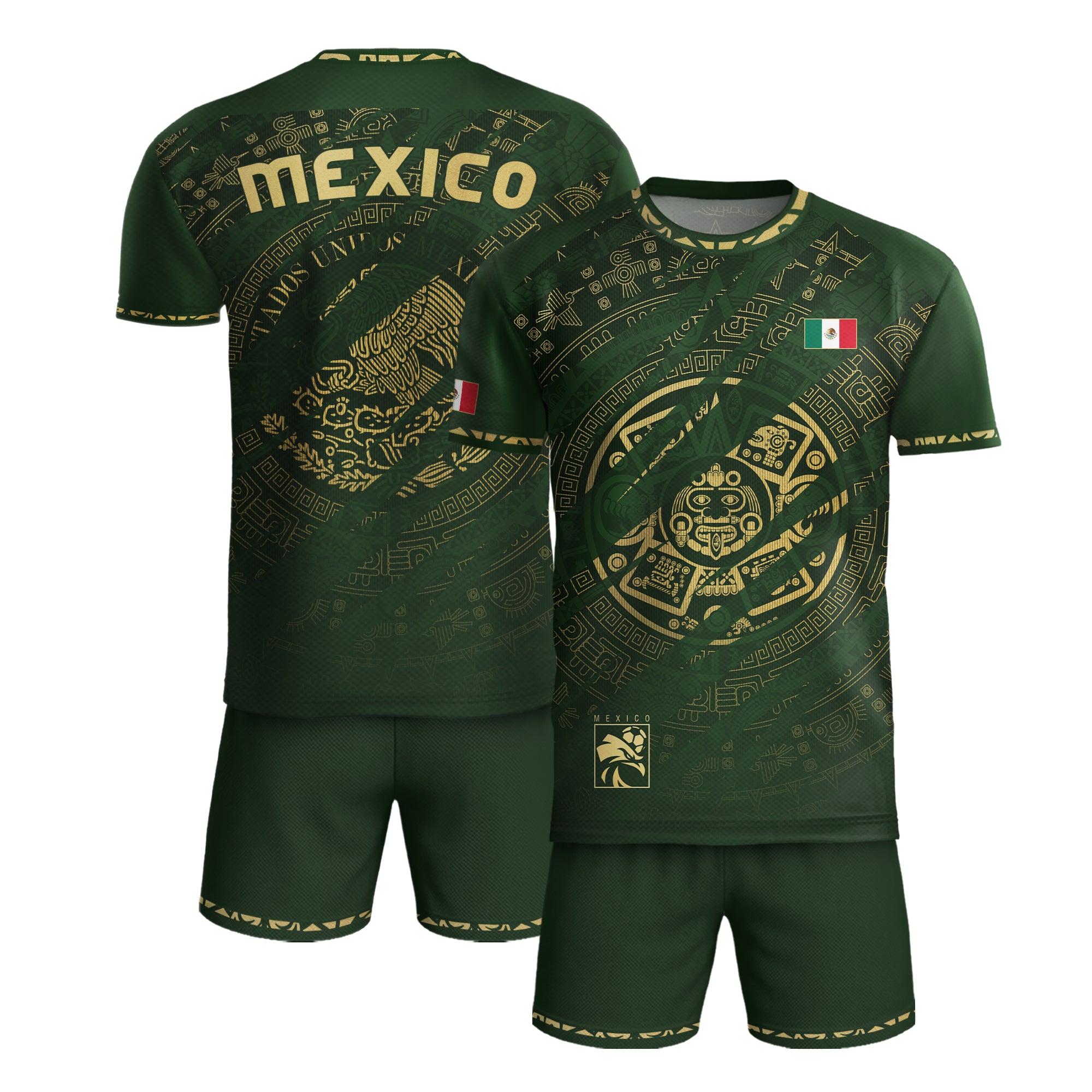Mexico Green Gold Aztec Calendar National Pride Mens Football Soccer Jersey