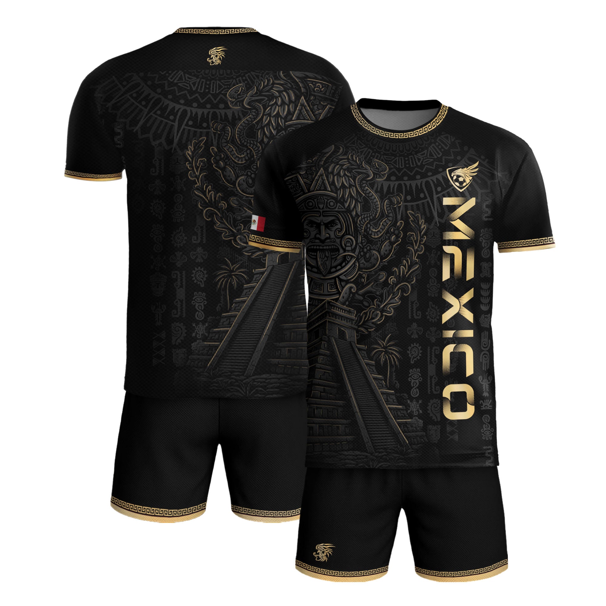 Mexico Black Gold Aztec Pyramid Heritage Mens Football Soccer Jersey