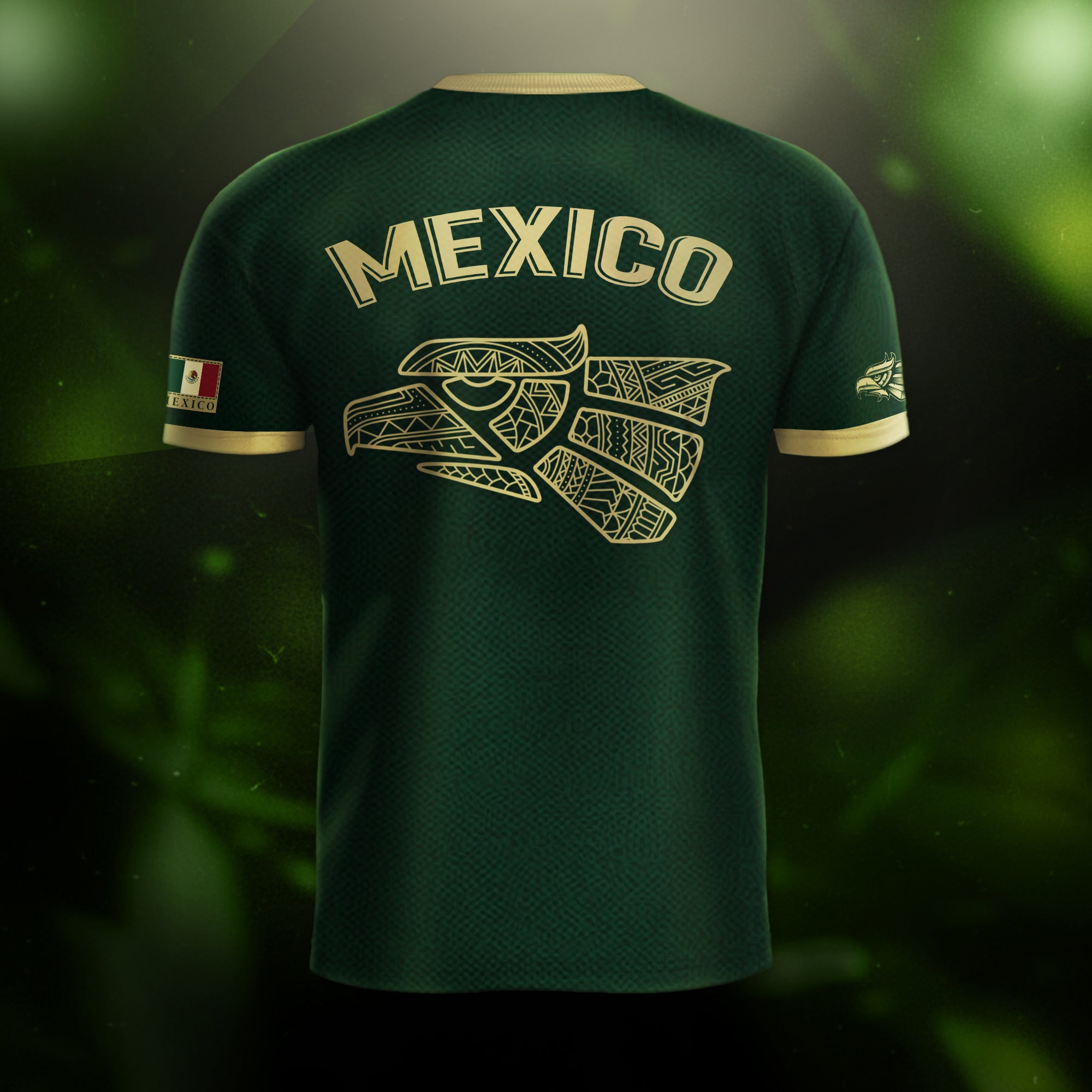 Mexico Soccer Jersey Green Gold Guadalupe Cross Design