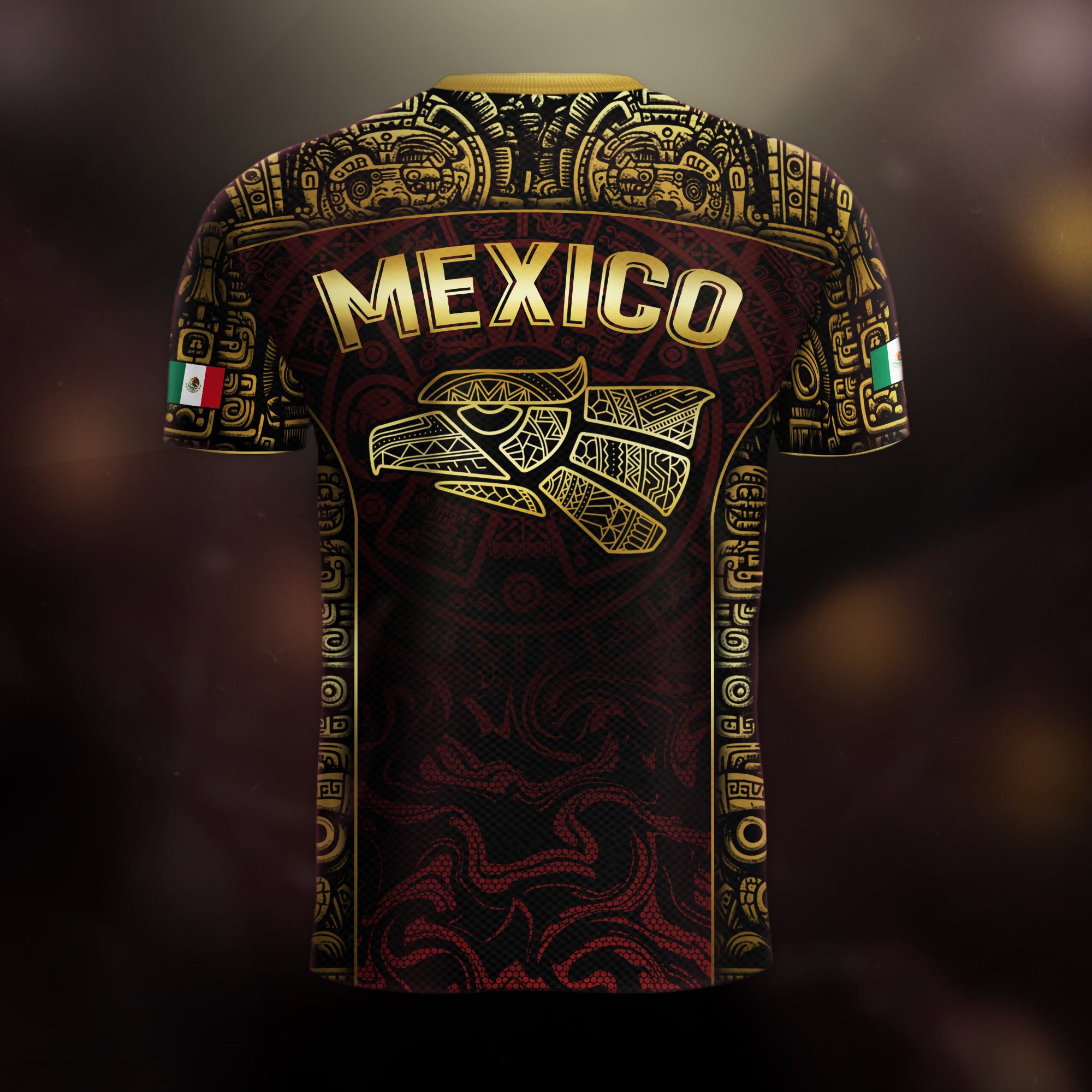 Mexico Soccer Jersey Black Red Gold Aztec Calendar Design