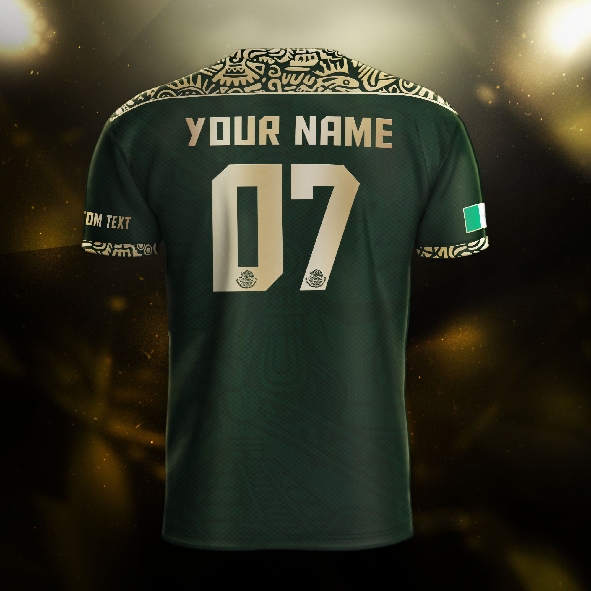 Custom Mexico Soccer Jersey Dark Green Gold Aztec Eagle Design