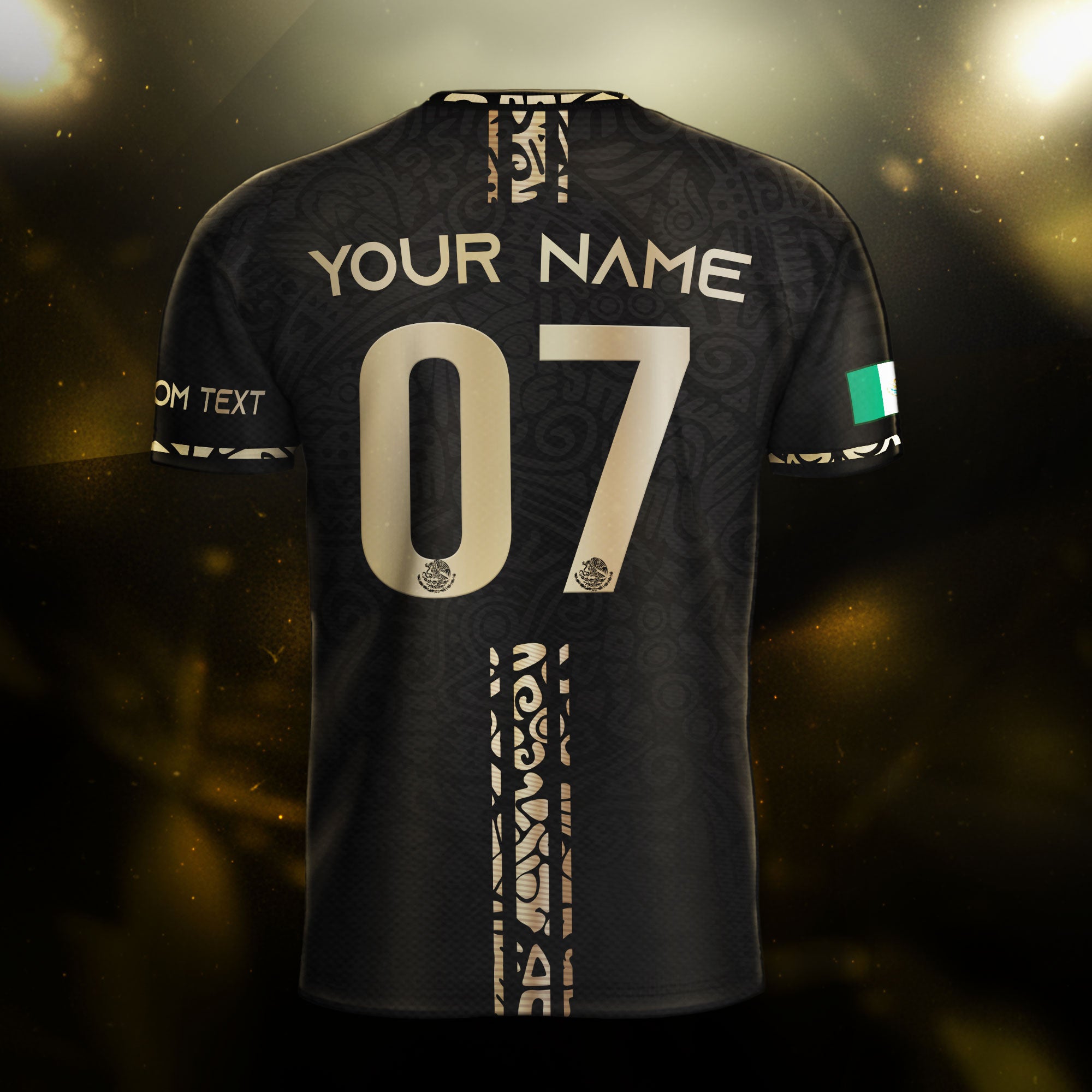 Custom Mexico Soccer Jersey Black Gold Aztec Warrior Face Design
