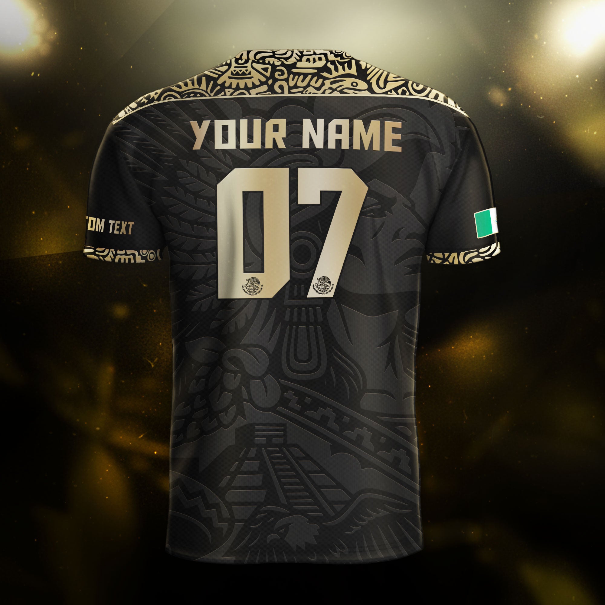 Custom Mexico Soccer Jersey Black Gold Aztec Eagle Pyramid Design