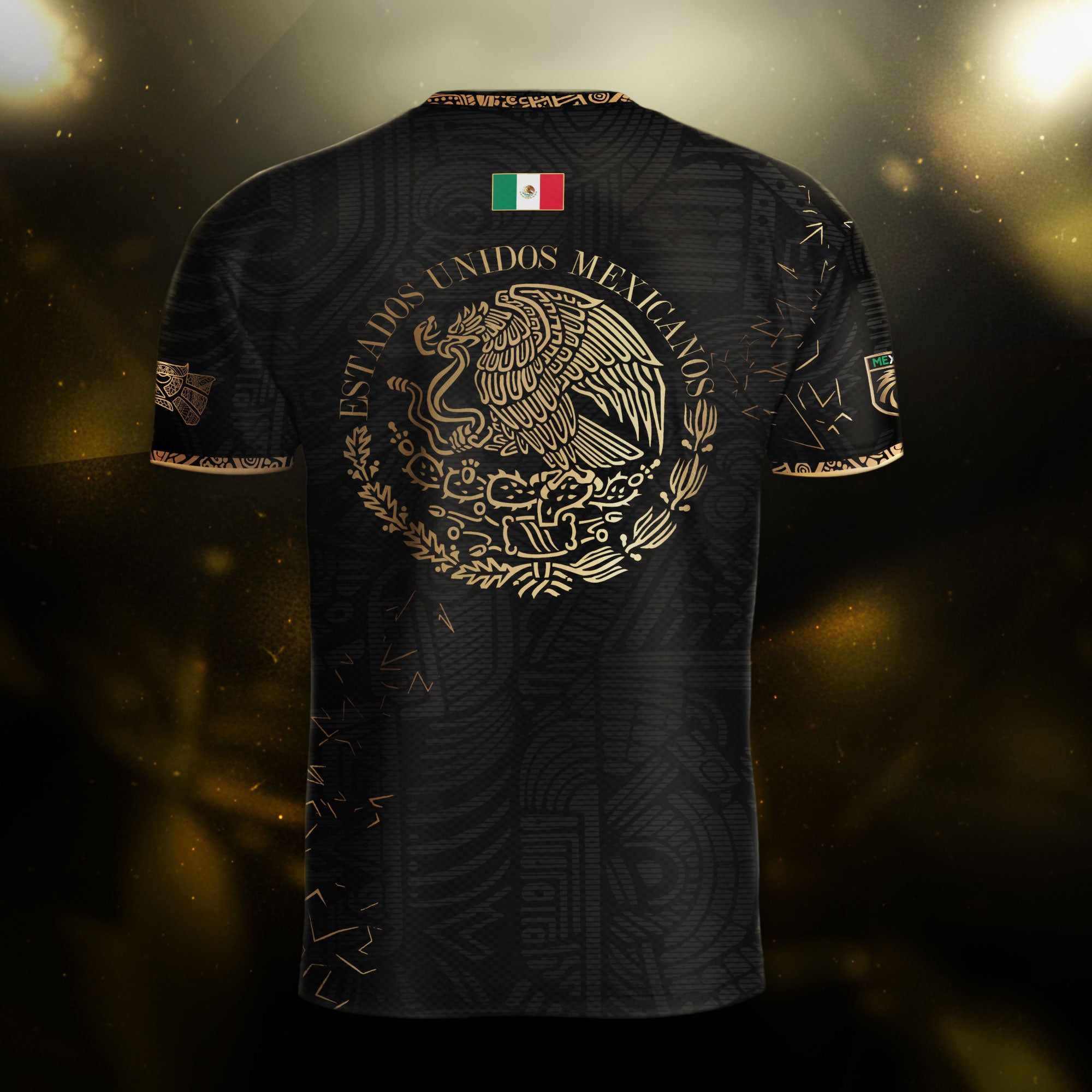 Camiseta de fútbol premium con emblema de águila azteca verde y dorado de México