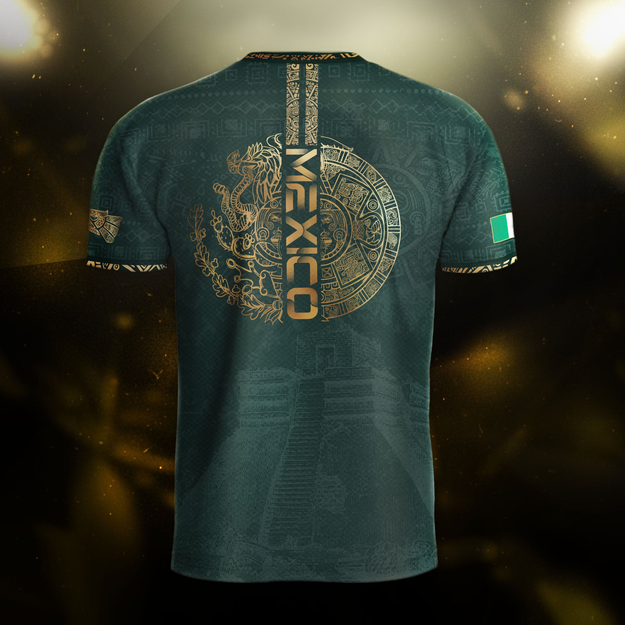 Camiseta de fútbol premium con emblema de águila azteca verde y dorado de México