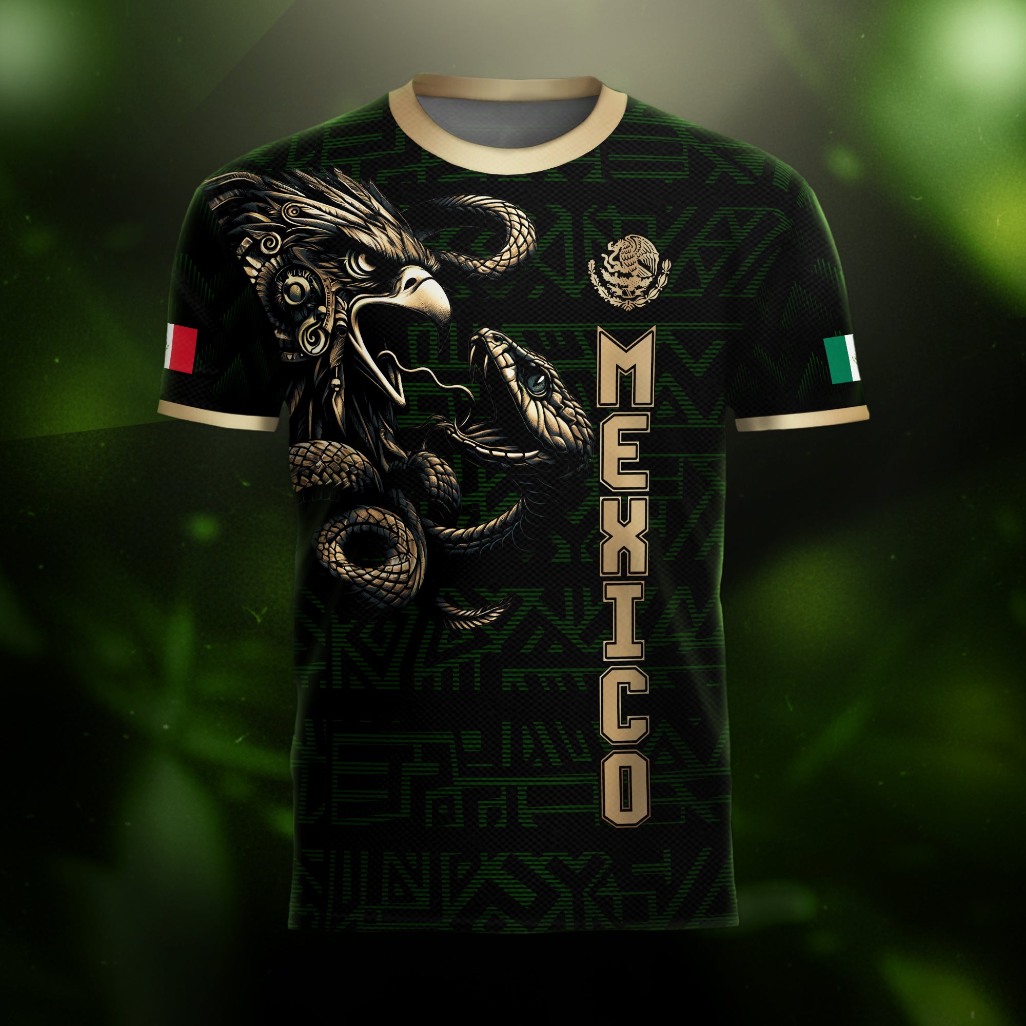 Camiseta de fútbol de la Serpiente Águila Azteca Negra Dorada de México