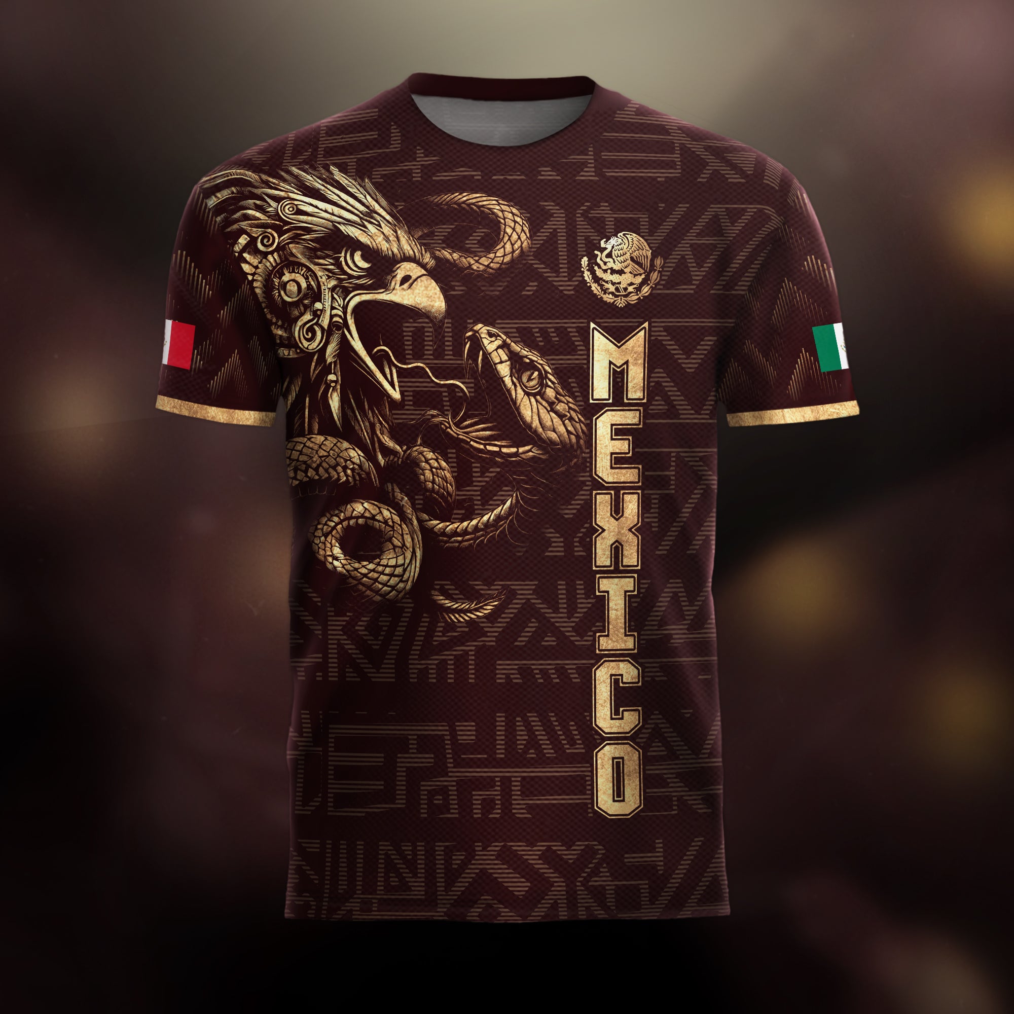 Mexico Burgundy Gold Aztec Eagle Serpent Soccer Jersey