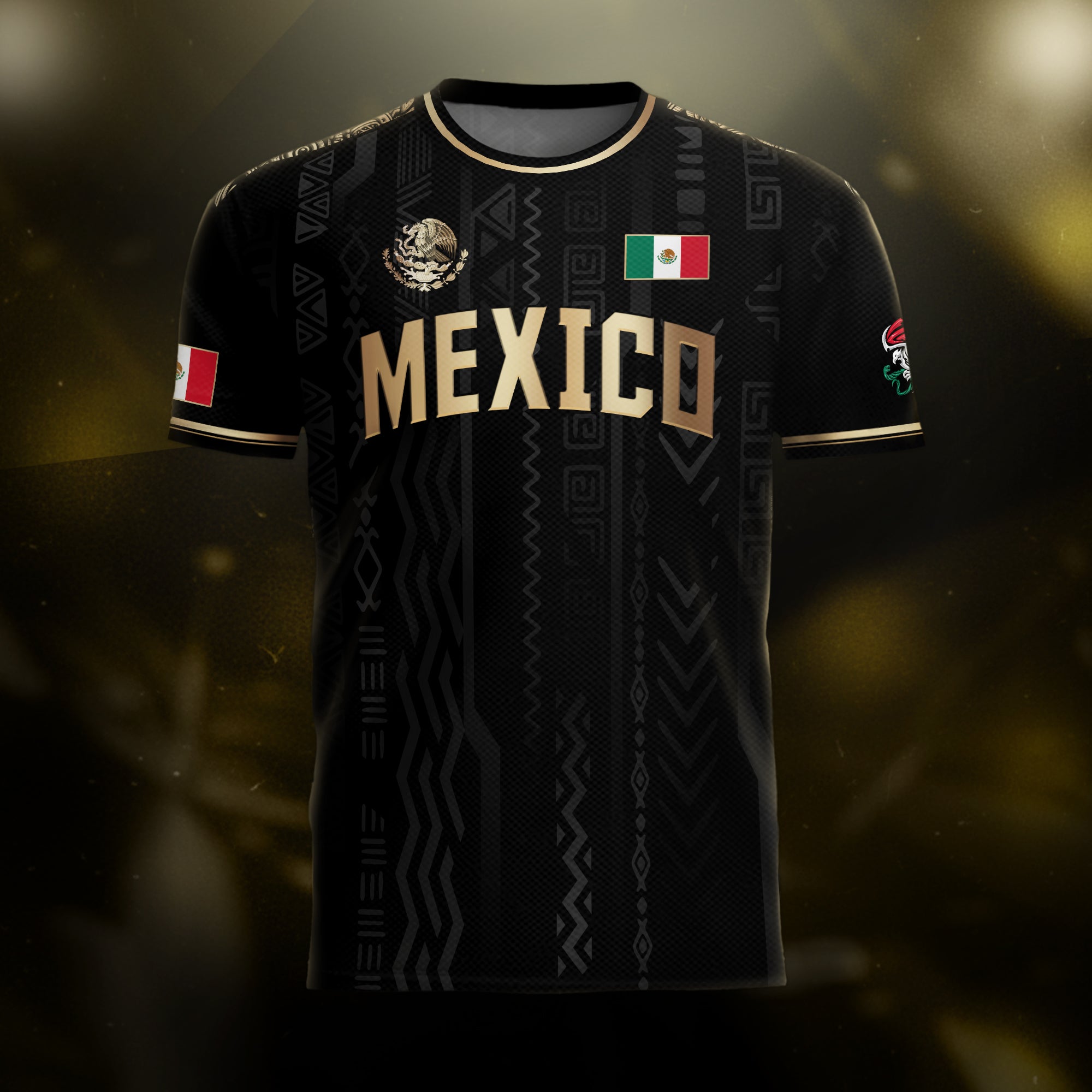 Camiseta de fútbol con el emblema nacional de México, color negro y dorado