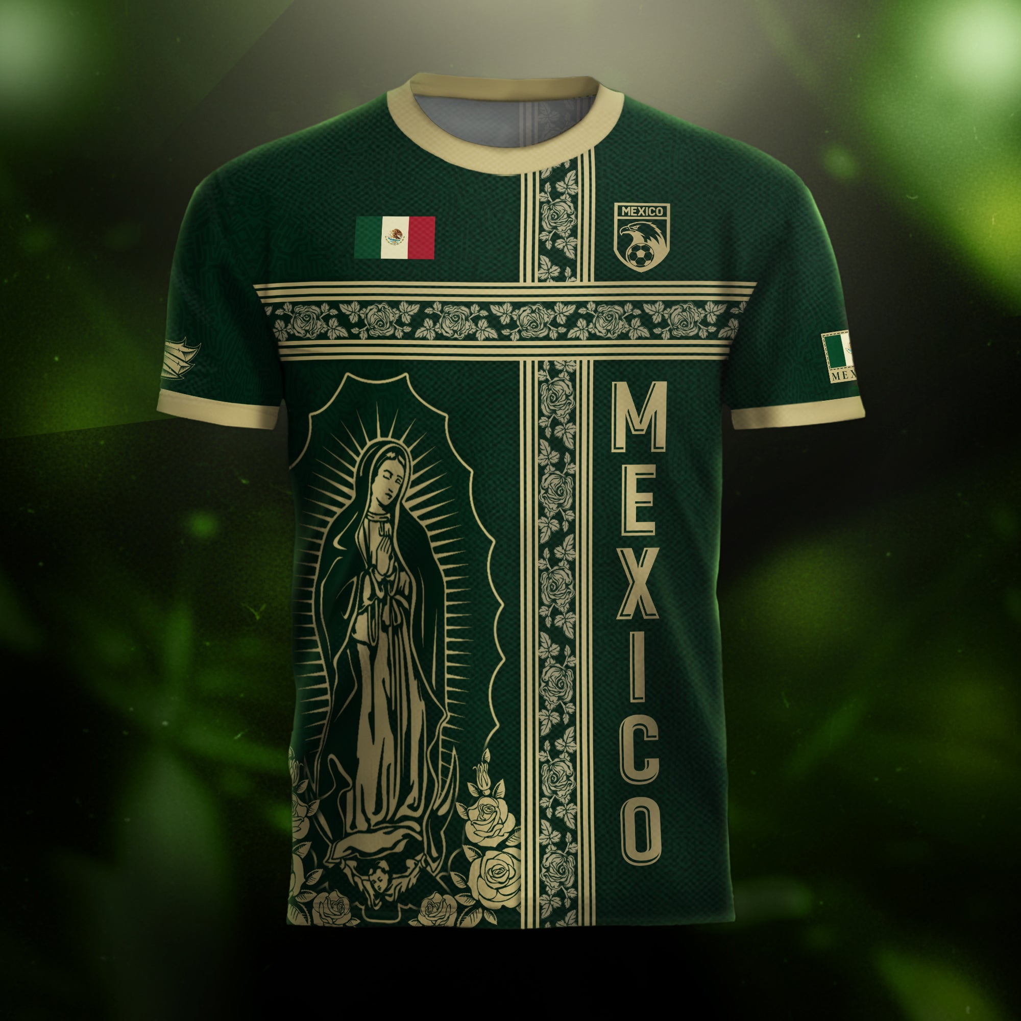 Mexico Soccer Jersey Green Gold Guadalupe Cross Design