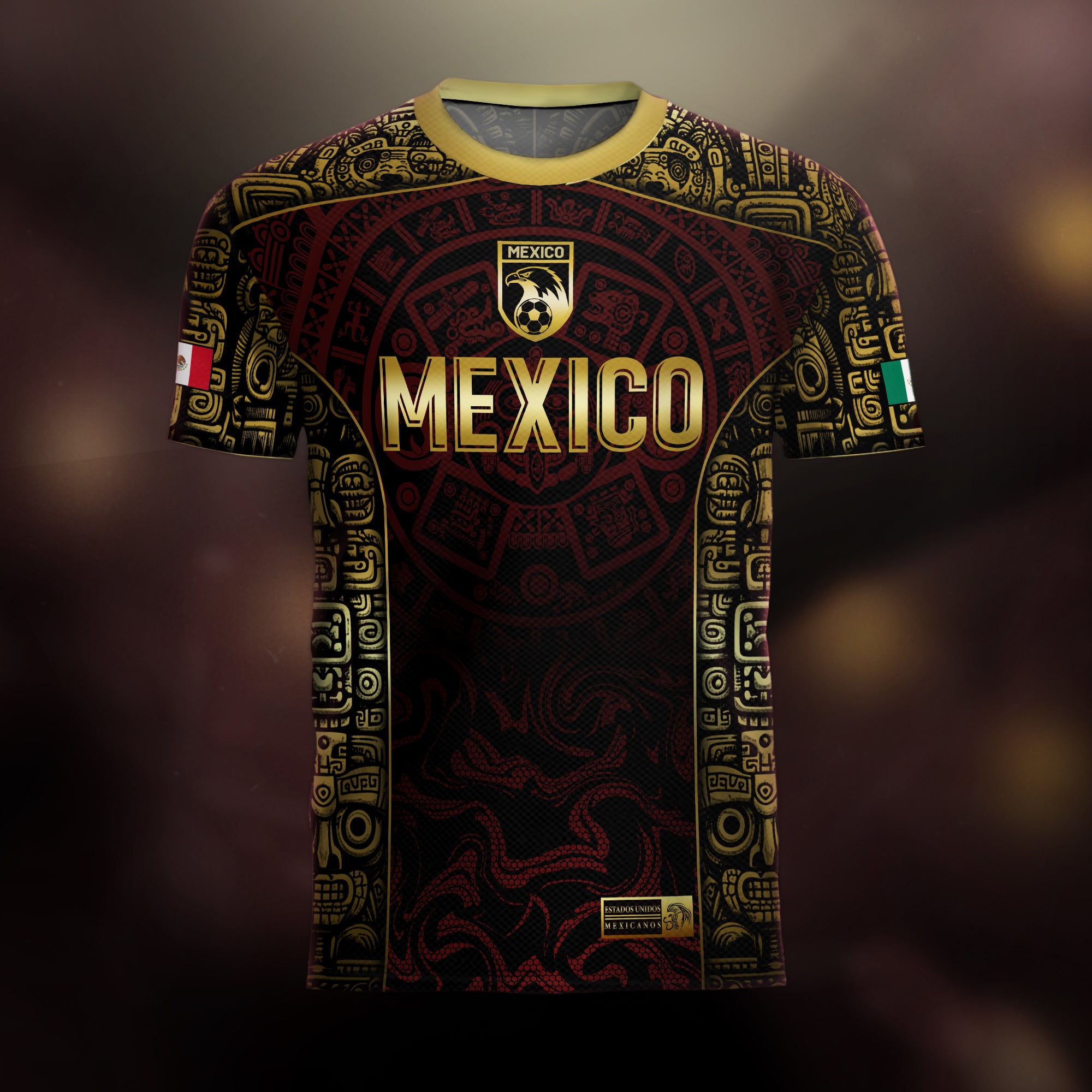 Mexico Soccer Jersey Black Red Gold Aztec Calendar Design
