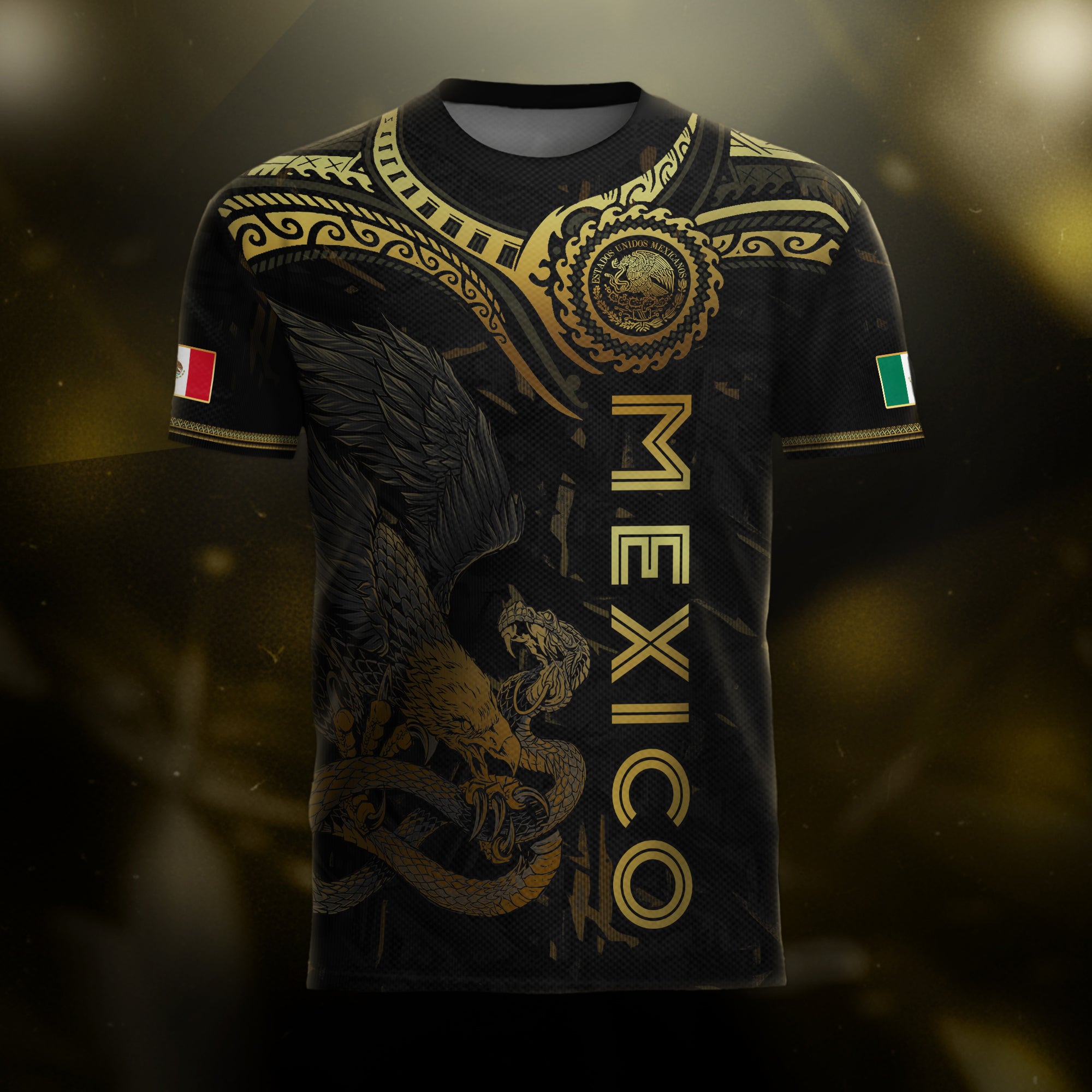 Mexico Soccer Jersey Black Gold Eagle Serpent Aztec Design