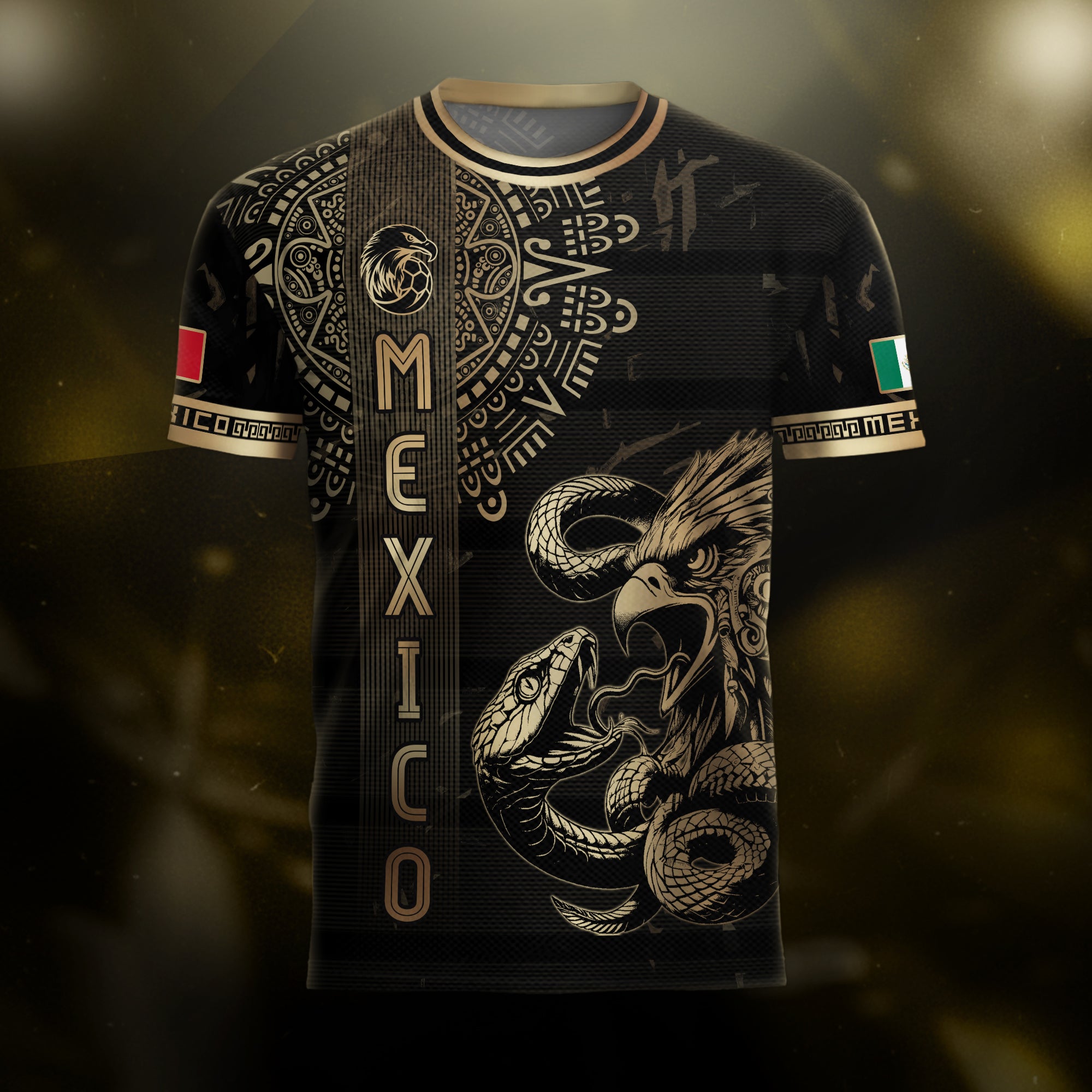 Mexico Soccer Jersey Black Gold Eagle Serpent Aztec Pattern