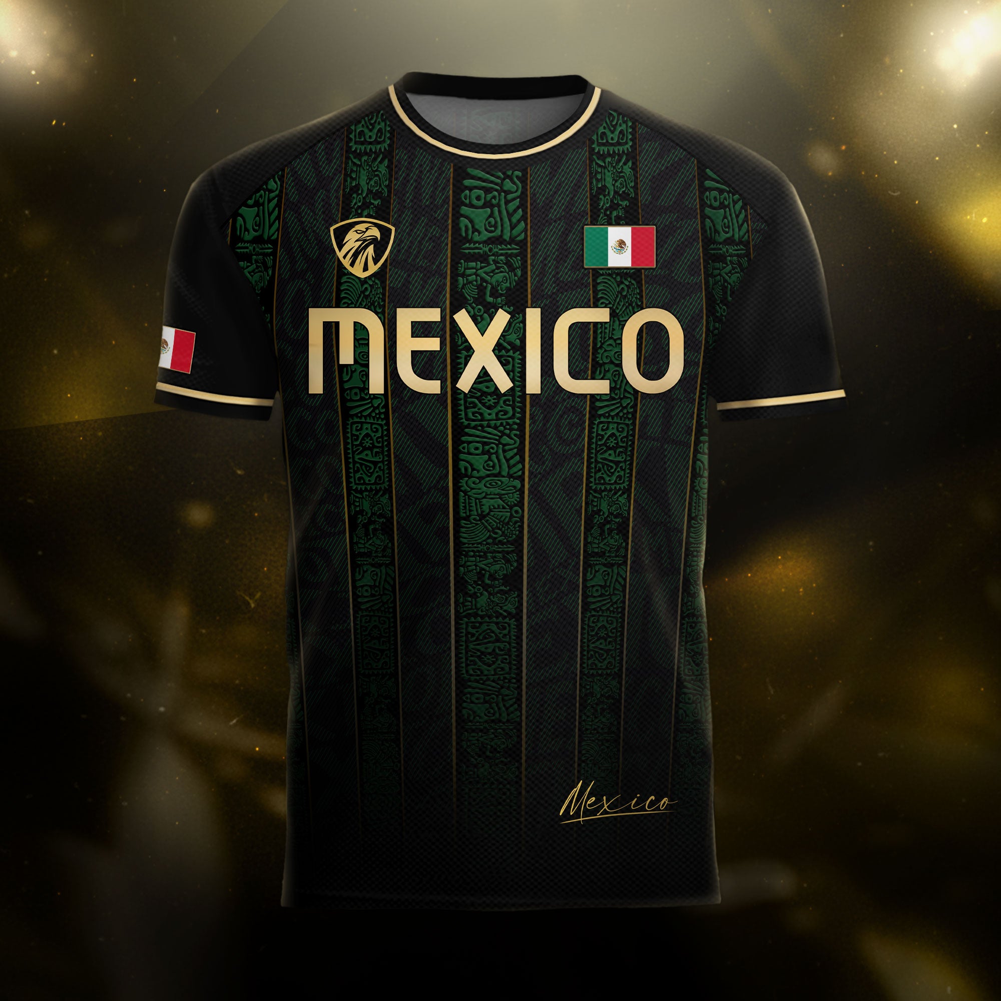 Camiseta de fútbol con estampado de águila de edición limitada, color negro y dorado azteca de México
