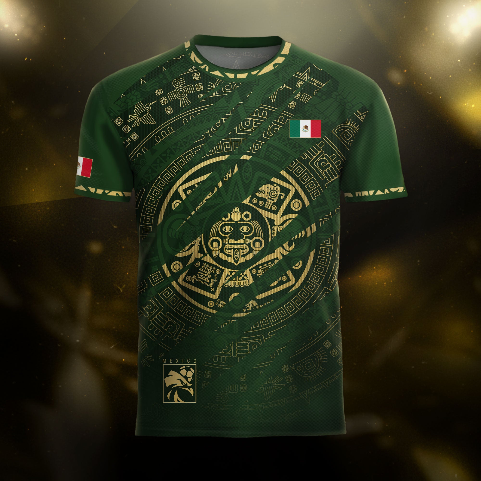 Camiseta de fútbol con estampado de águila de edición limitada, color negro y dorado azteca de México