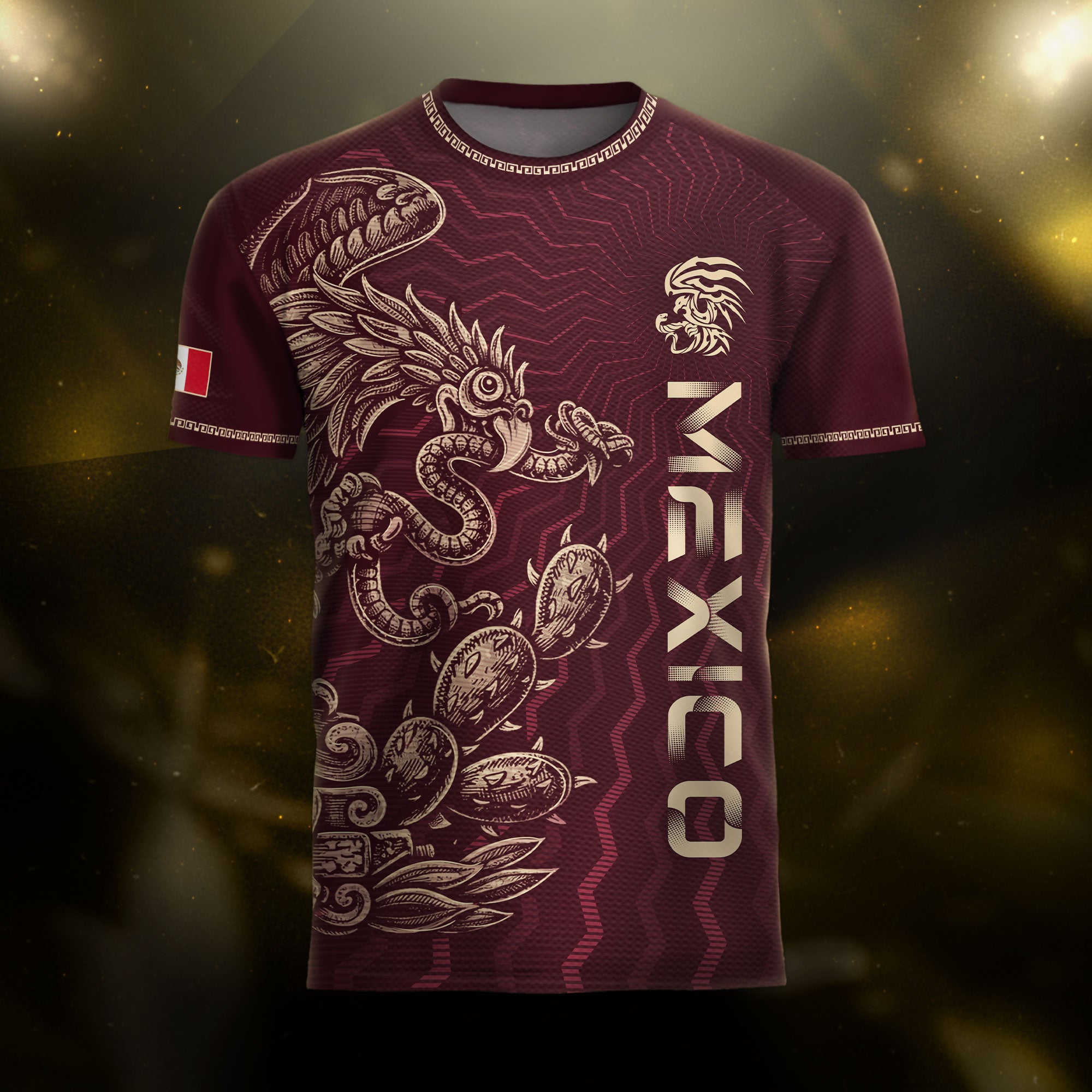 Camiseta de fútbol con estampado de águila de edición limitada, color negro y dorado azteca de México