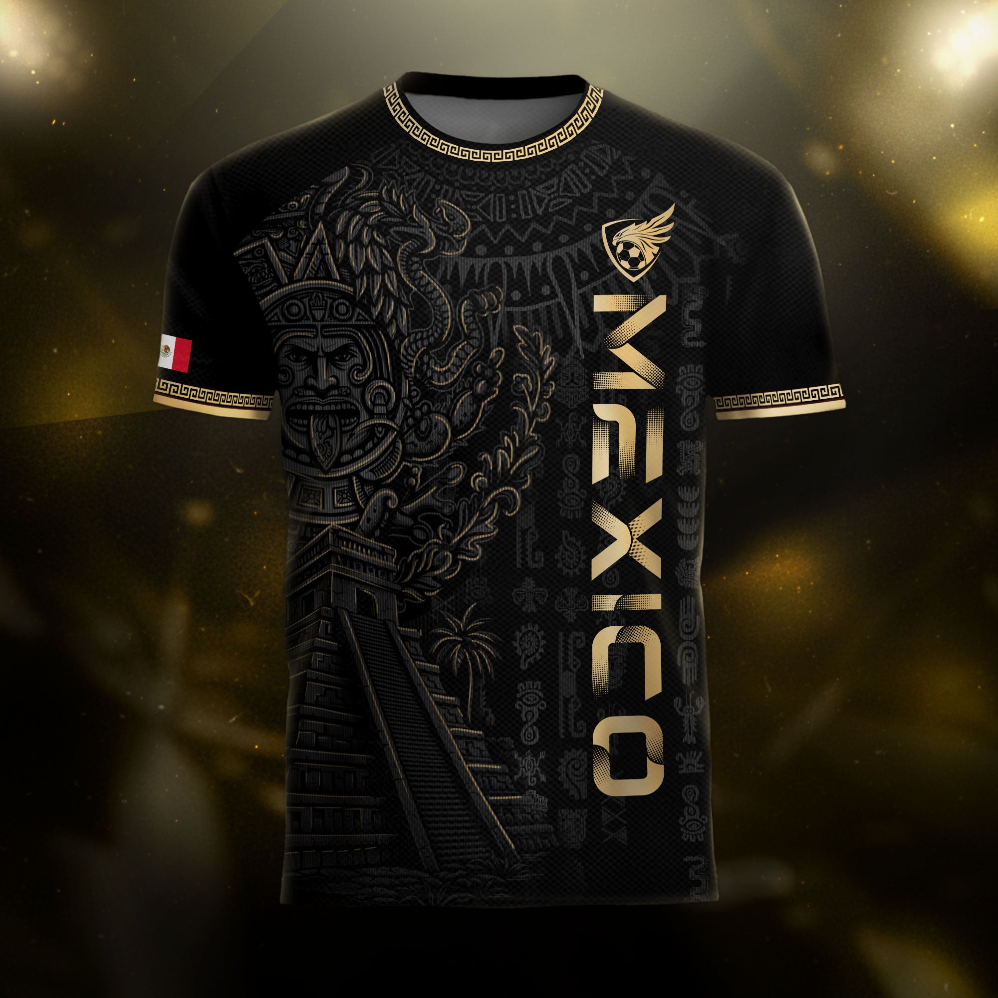 Mexico Black Gold Aztec Pyramid Heritage Mens Football Soccer Jersey