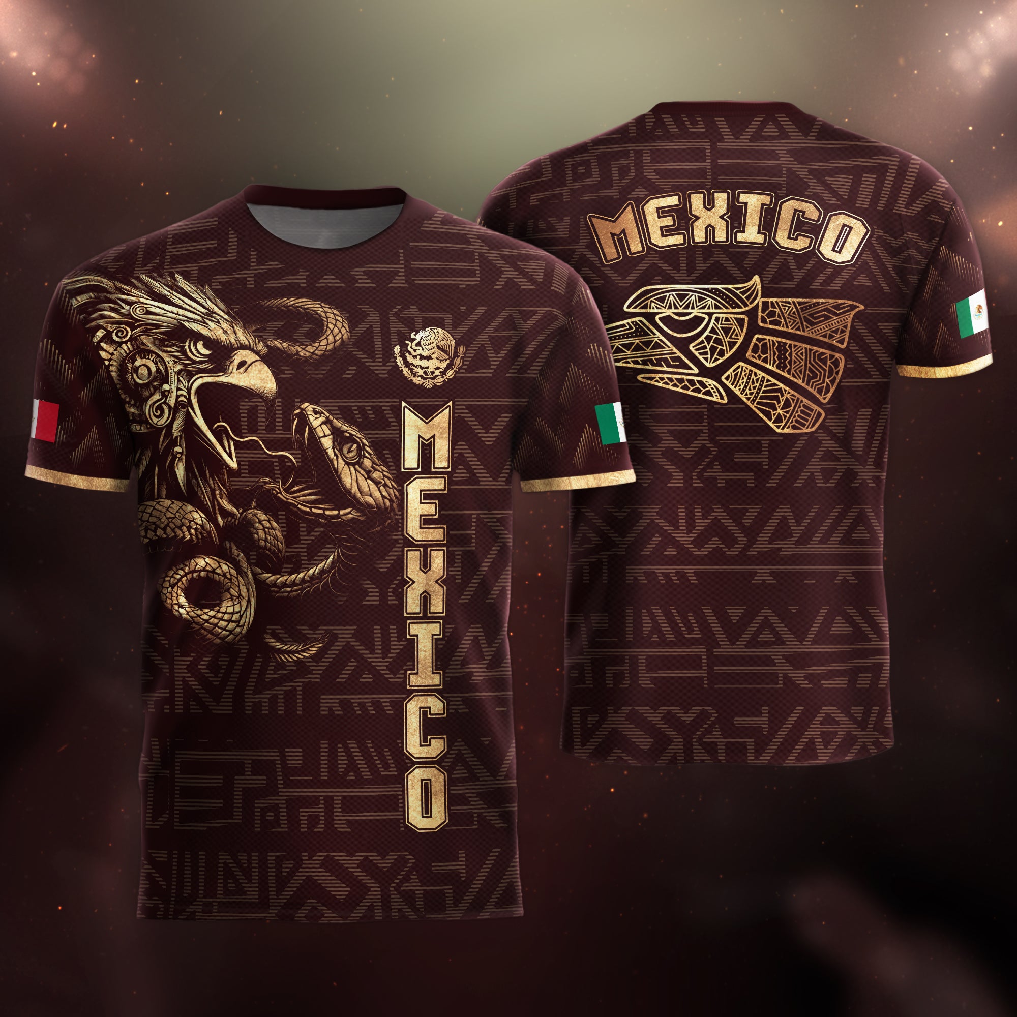 Mexico Burgundy Gold Aztec Eagle Serpent Soccer Jersey
