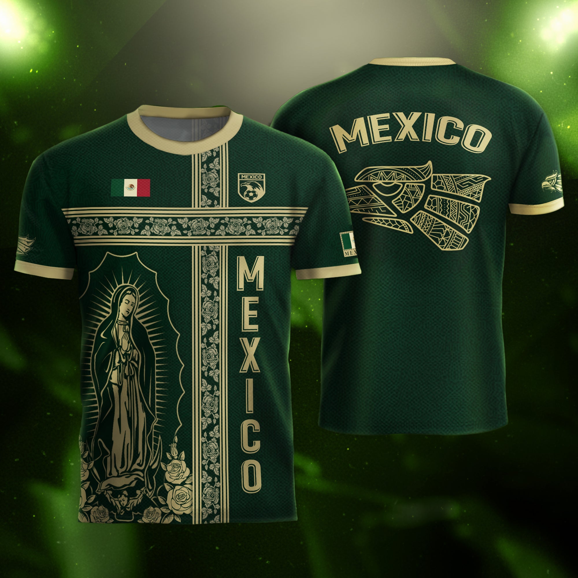 Mexico Soccer Jersey Green Gold Guadalupe Cross Design