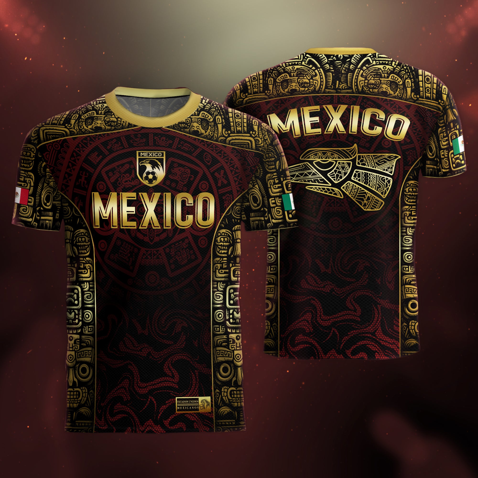 Mexico Soccer Jersey Black Red Gold Aztec Calendar Design