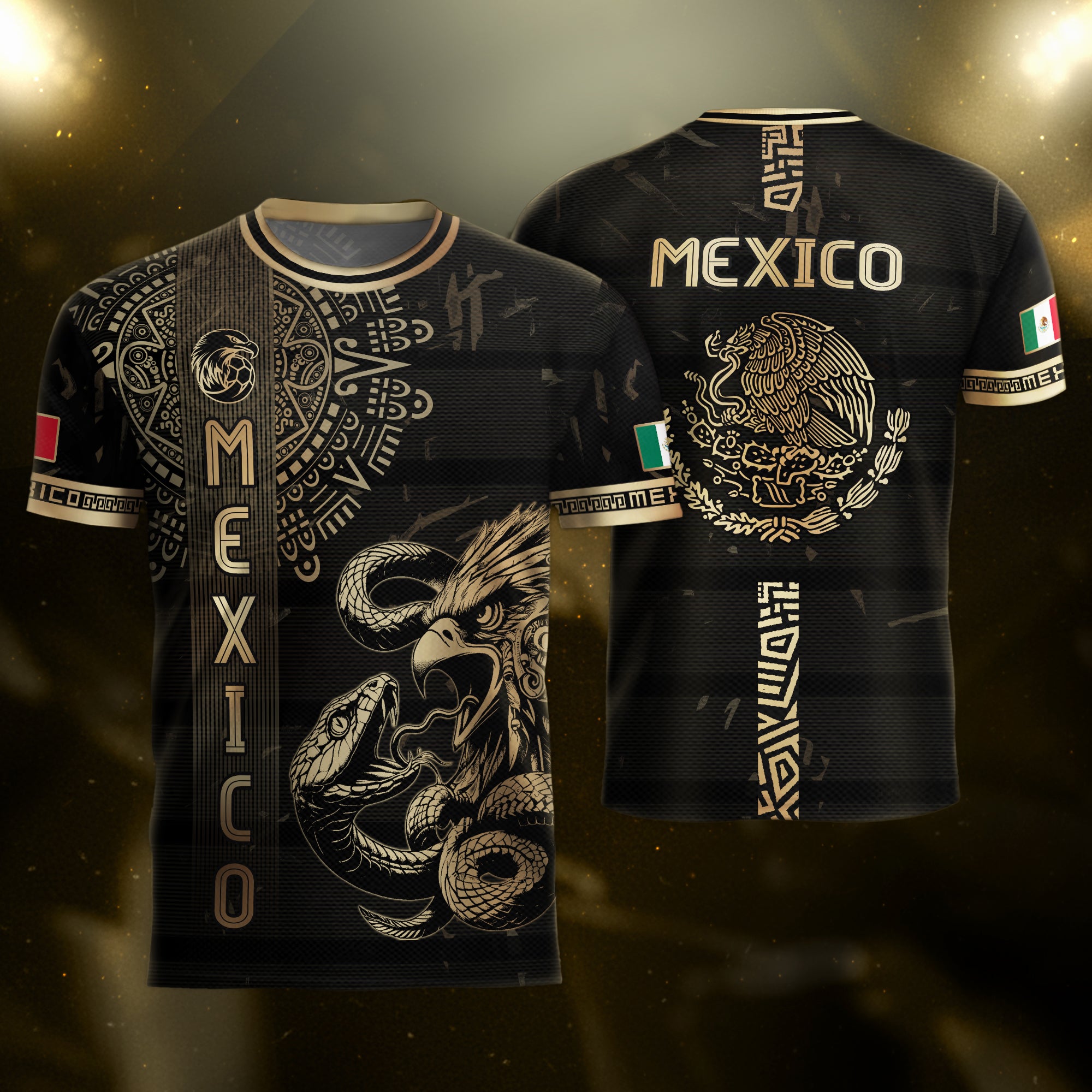 Mexico Soccer Jersey Black Gold Eagle Serpent Aztec Pattern
