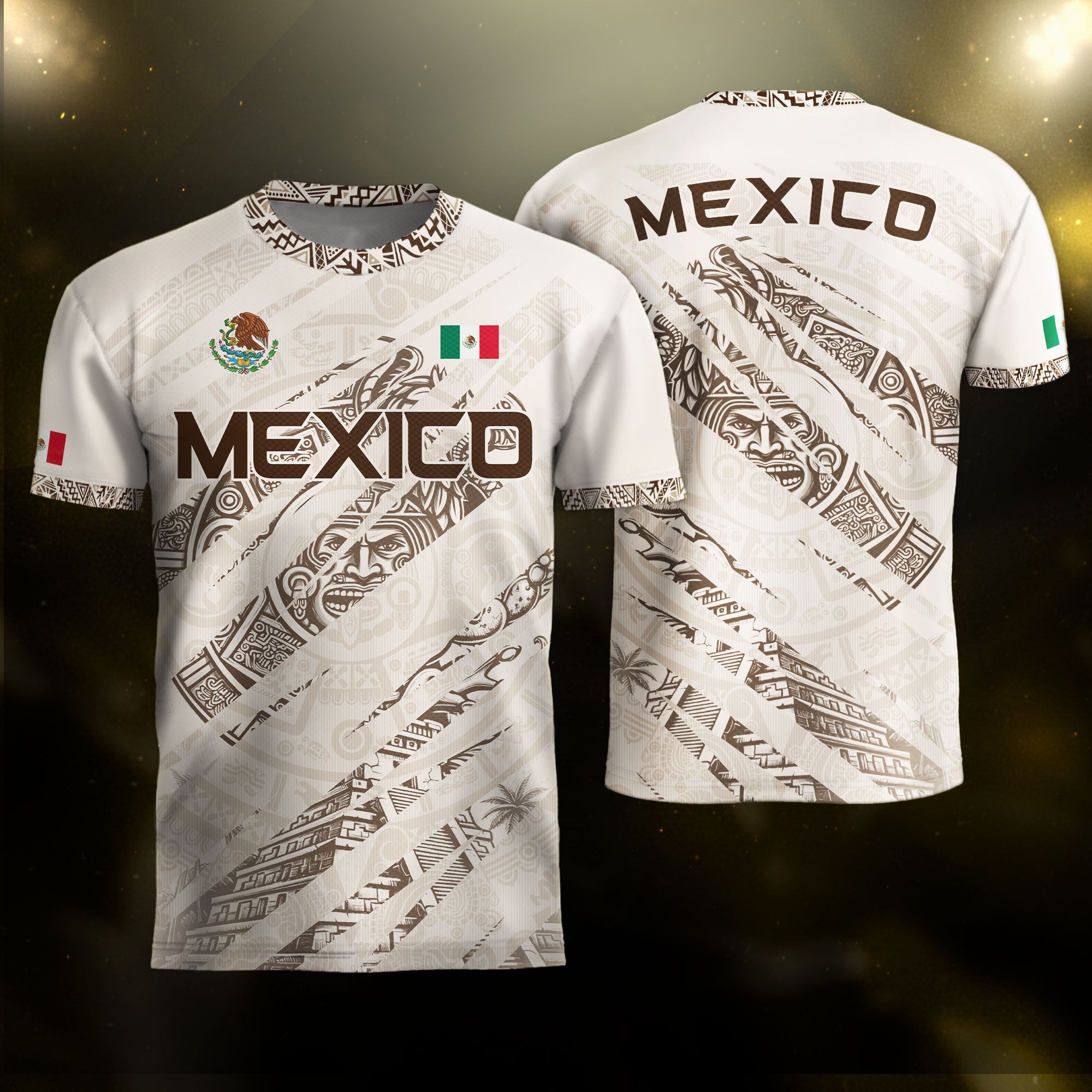 Mexico Beige Aztec Warrior Pyramid Heritage Mens Football Soccer Jersey