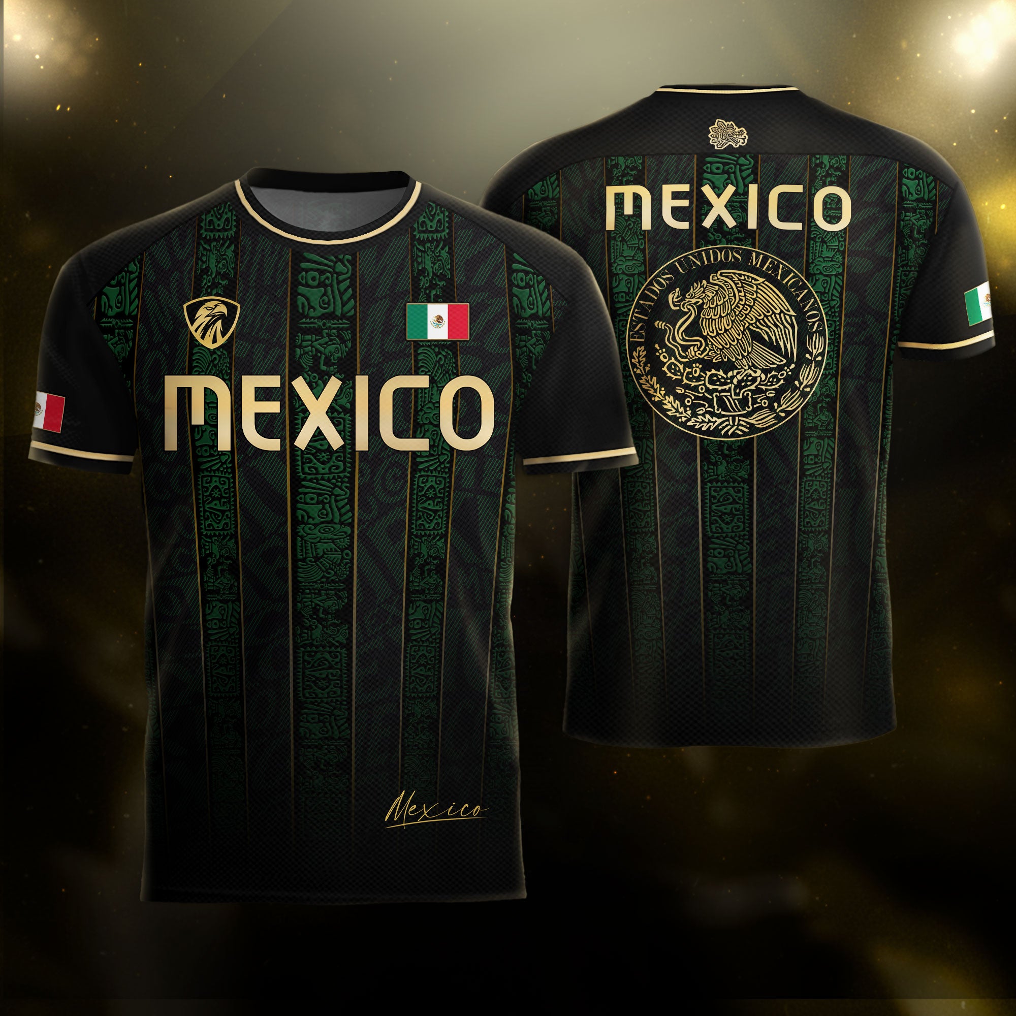 Camiseta de fútbol con estampado de águila de edición limitada, color negro y dorado azteca de México