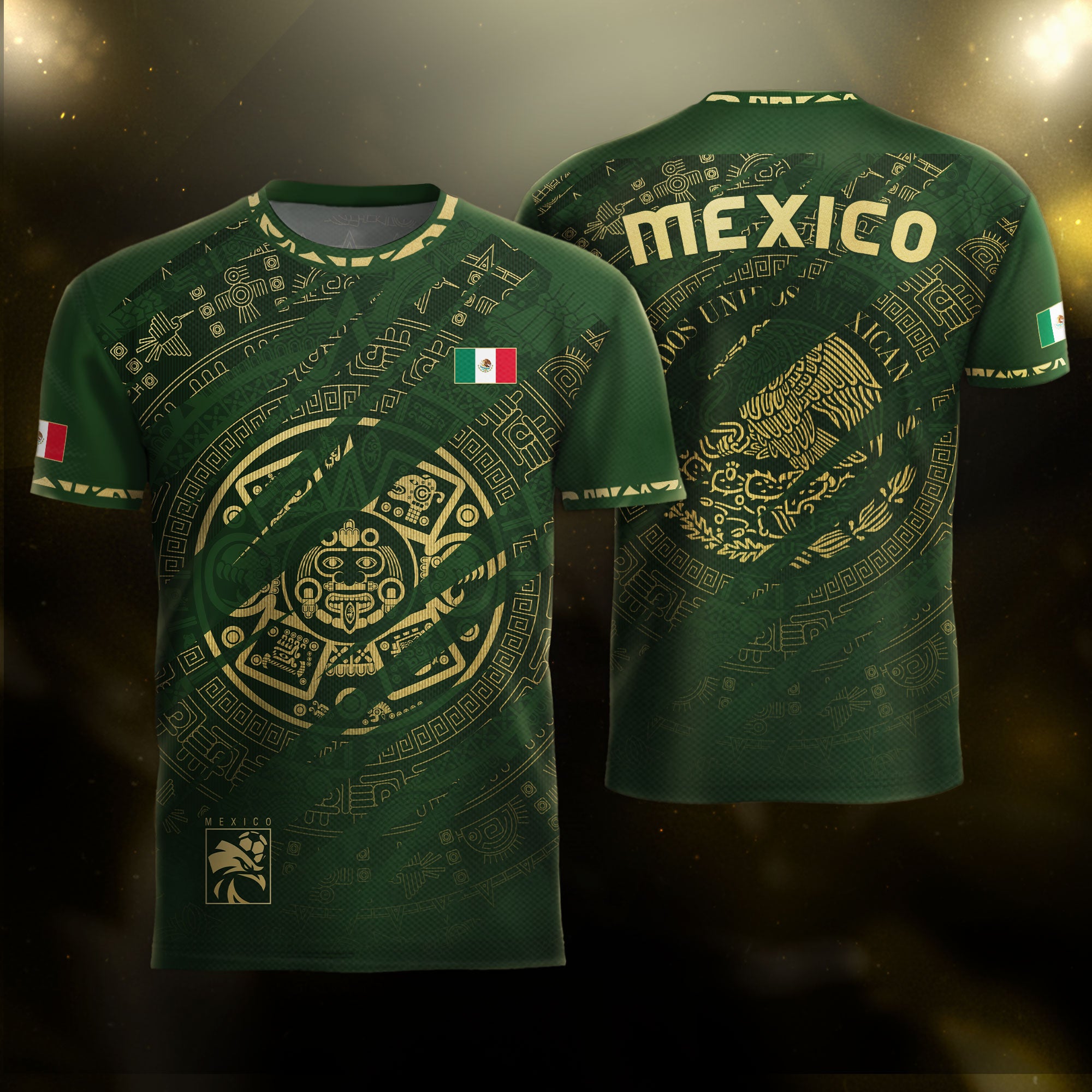 Camiseta de fútbol con estampado de águila de edición limitada, color negro y dorado azteca de México