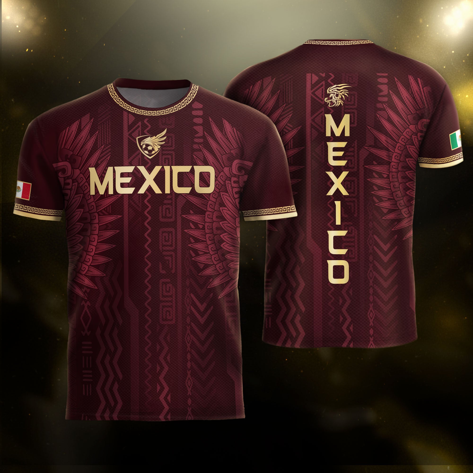 Mexico Maroon Gold Aztec Heritage National Pride Mens Football Soccer Jersey