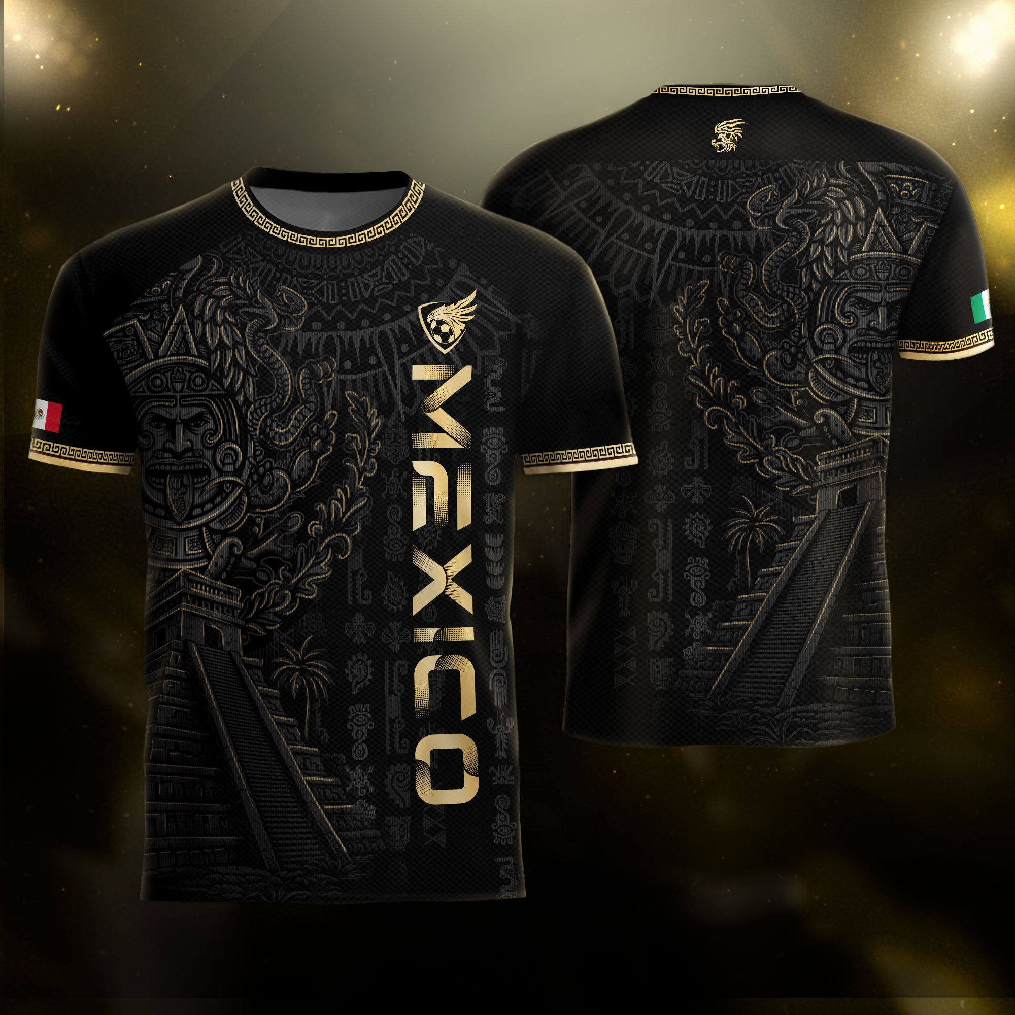 Mexico Black Gold Aztec Pyramid Heritage Mens Football Soccer Jersey