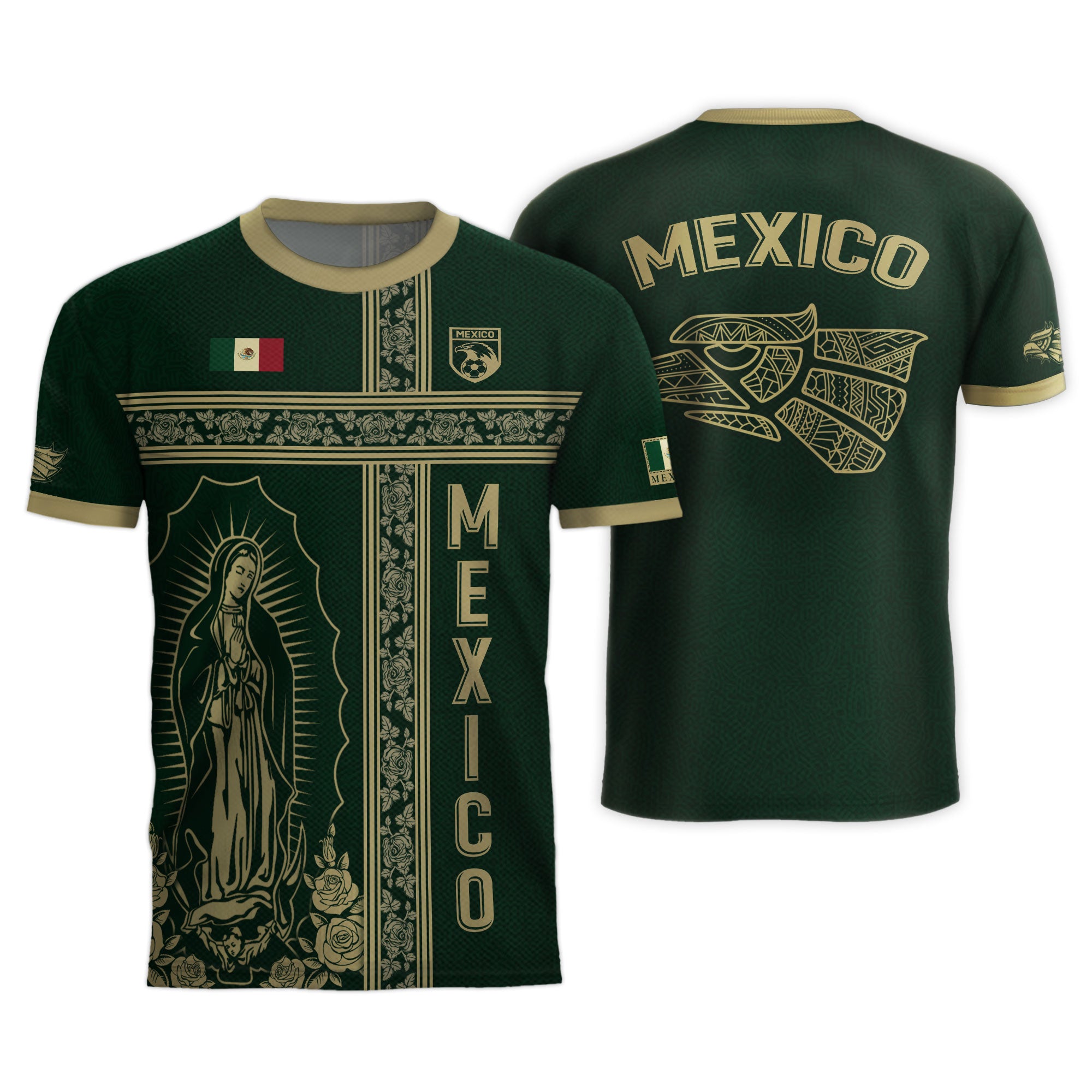 Mexico Soccer Jersey Green Gold Guadalupe Cross Design