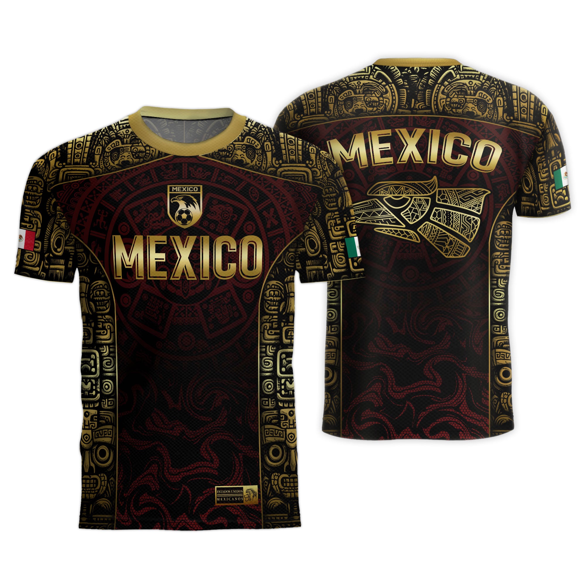 Mexico Soccer Jersey Black Red Gold Aztec Calendar Design