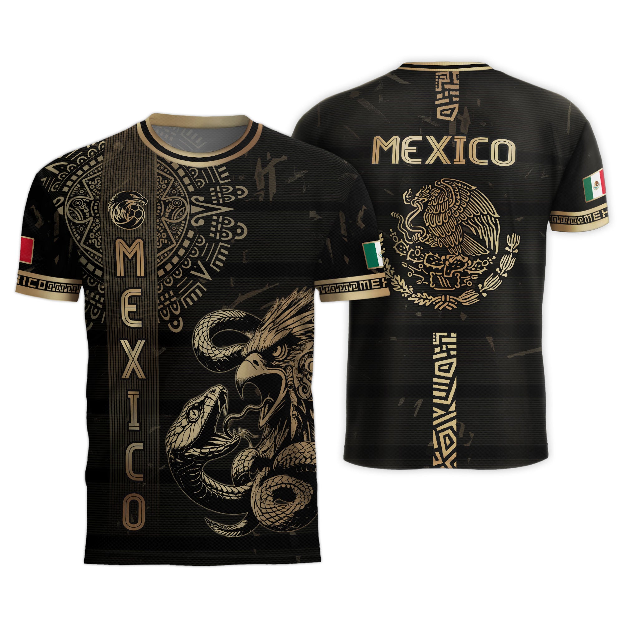Mexico Soccer Jersey Black Gold Eagle Serpent Aztec Pattern