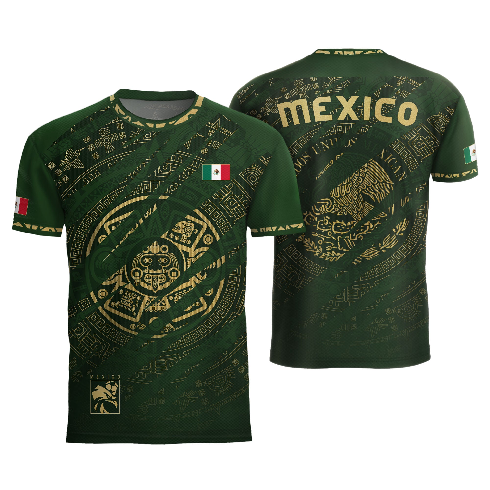 Mexico Green Gold Aztec Calendar National Pride Mens Football Soccer Jersey