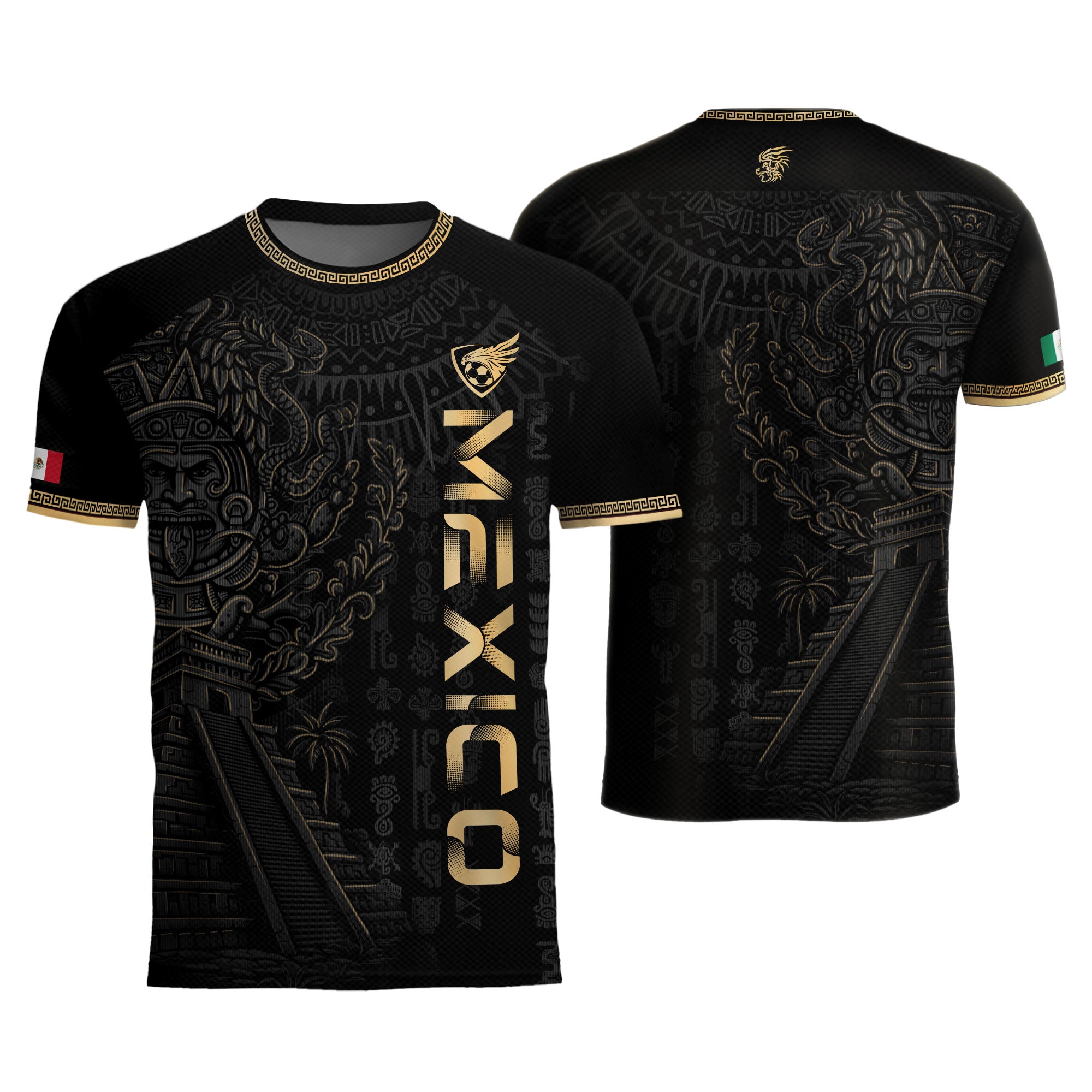 Mexico Black Gold Aztec Pyramid Heritage Mens Football Soccer Jersey