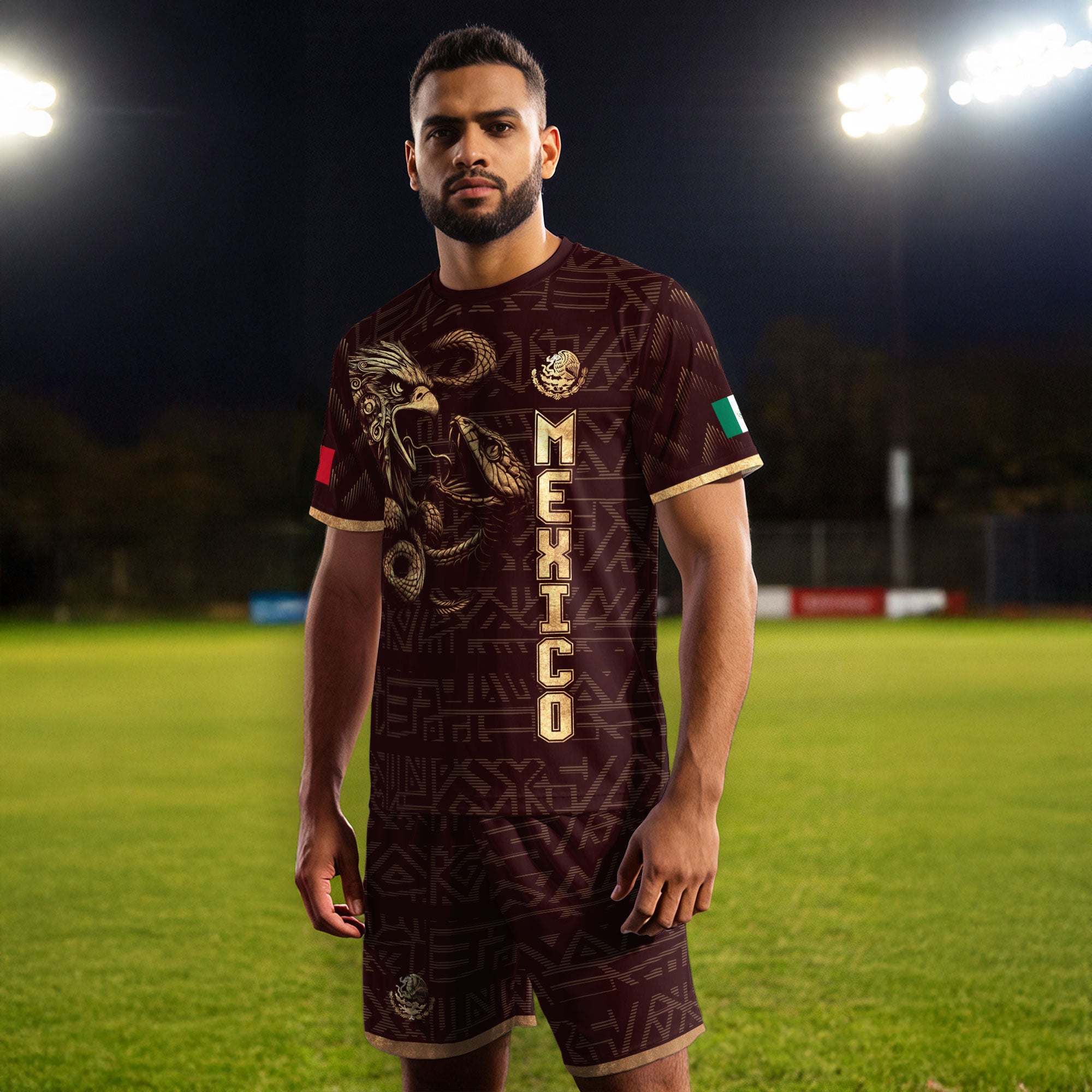 Mexico Burgundy Gold Aztec Eagle Serpent Soccer Jersey