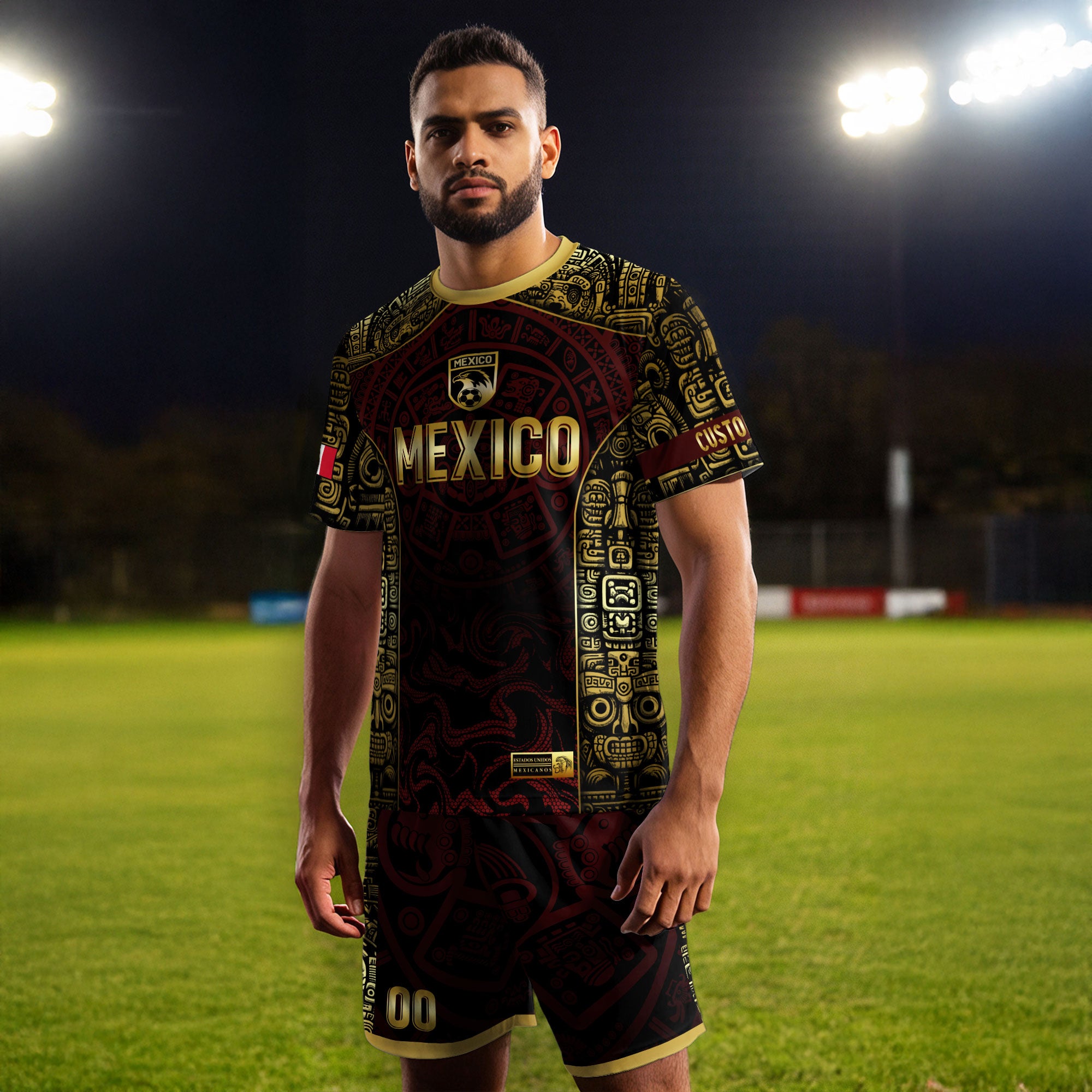 Custom Mexico Jersey Black Red Gold Aztec Calendar Design