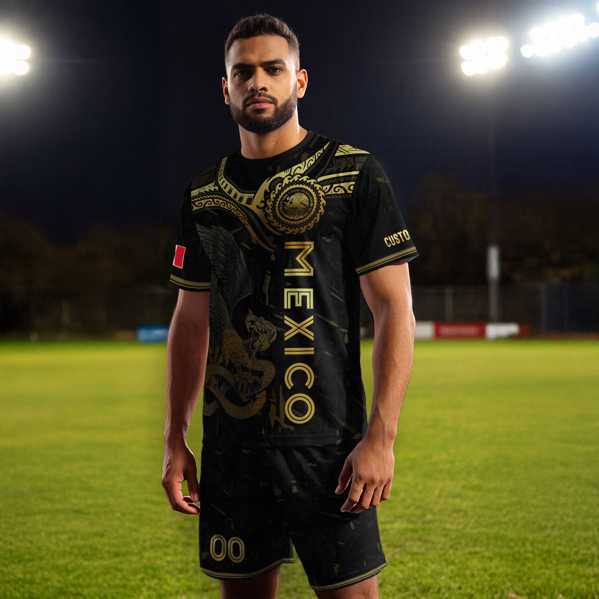 Custom Mexico Jersey Black Gold Eagle Serpent Aztec Design