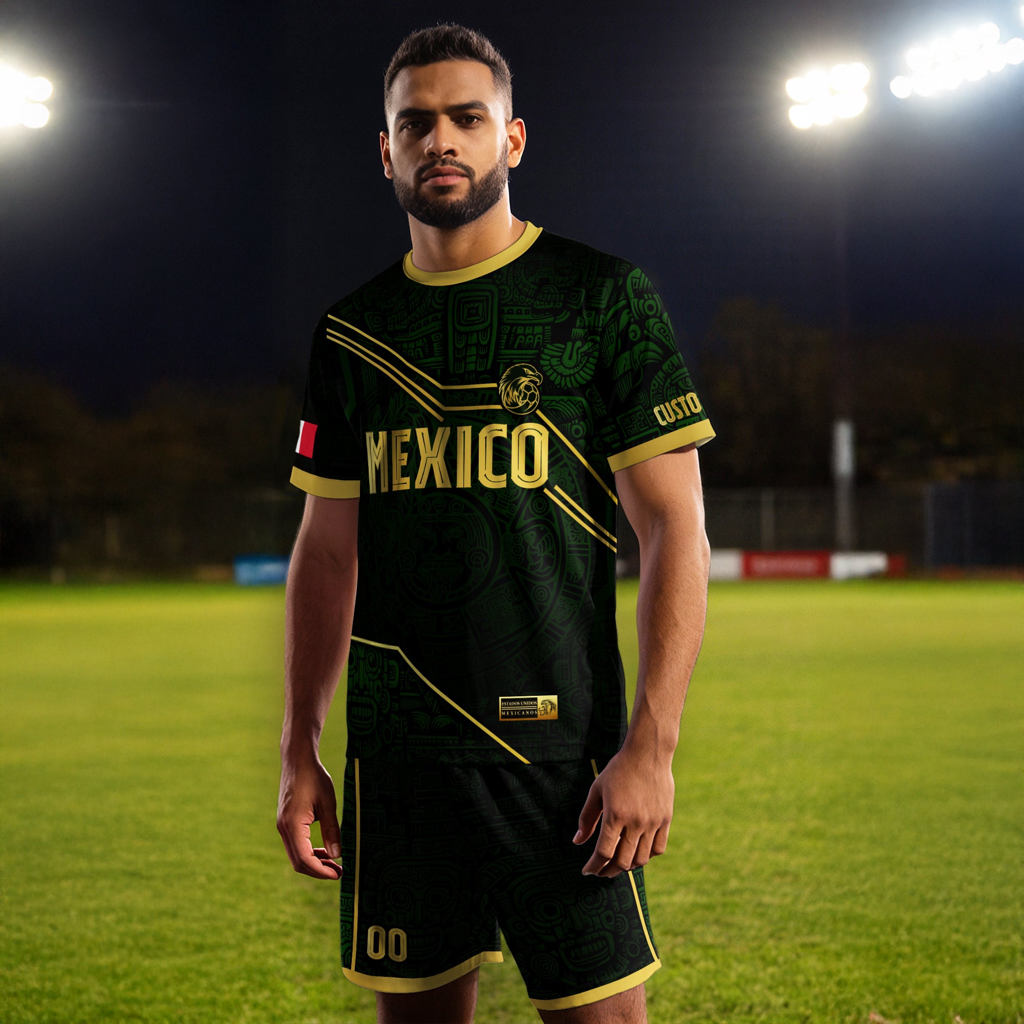 Custom Mexico Jersey Black Green Gold Aztec Heritage Design