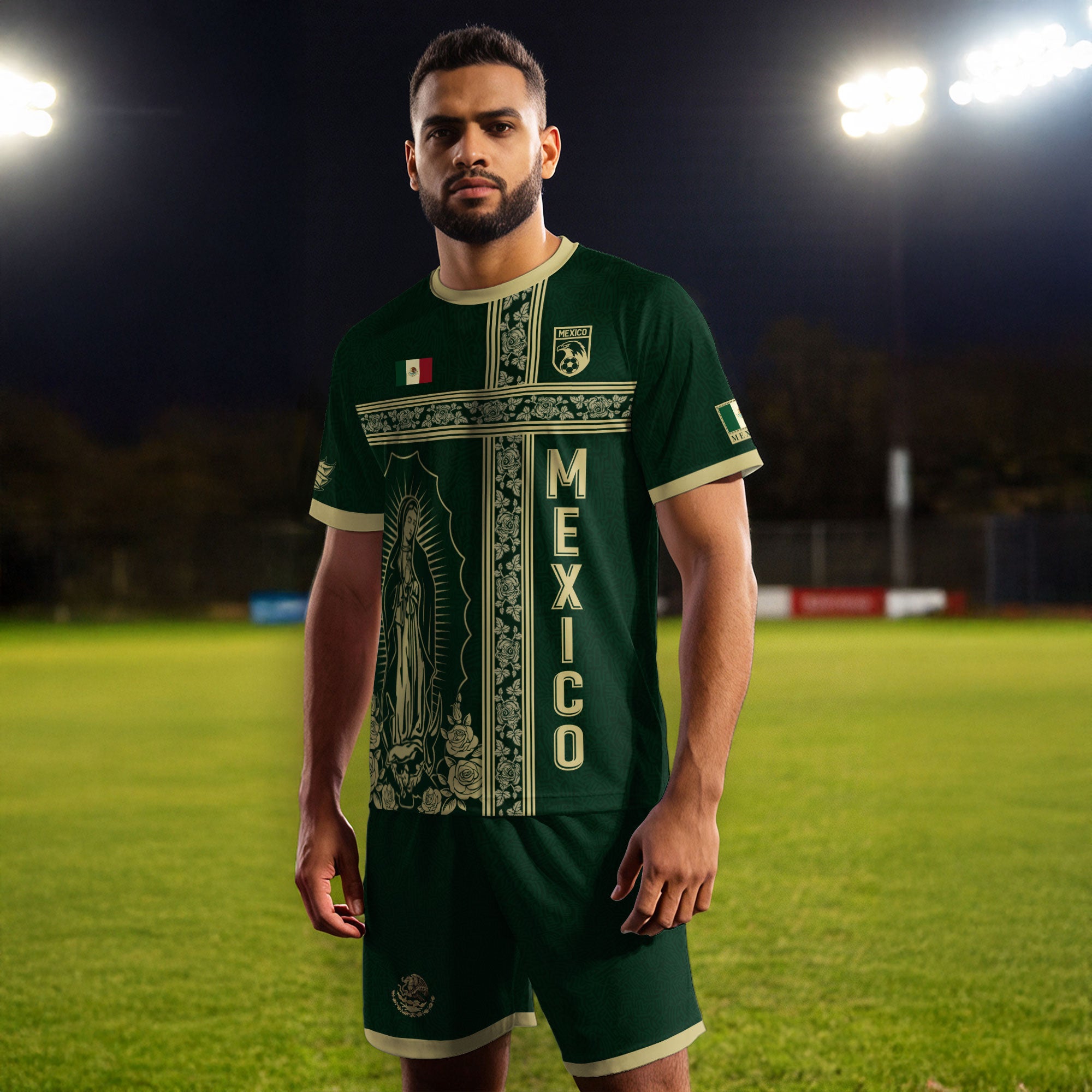 Mexico Soccer Jersey Green Gold Guadalupe Cross Design
